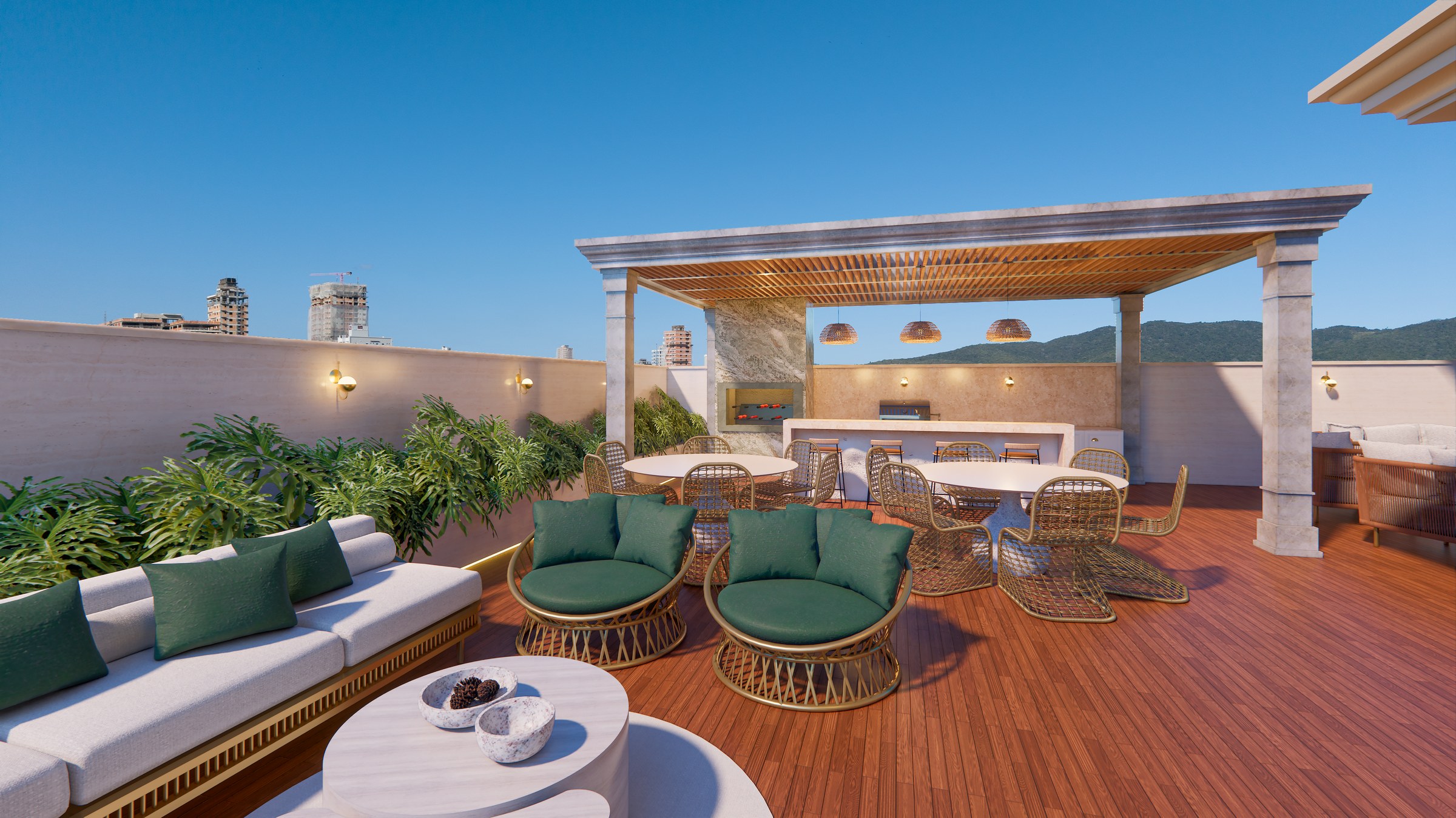 Porto Amalfi Residence — área gourmet externa com pergolado, AR Incorporadora, Balneário Perequê, Porto Belo SC