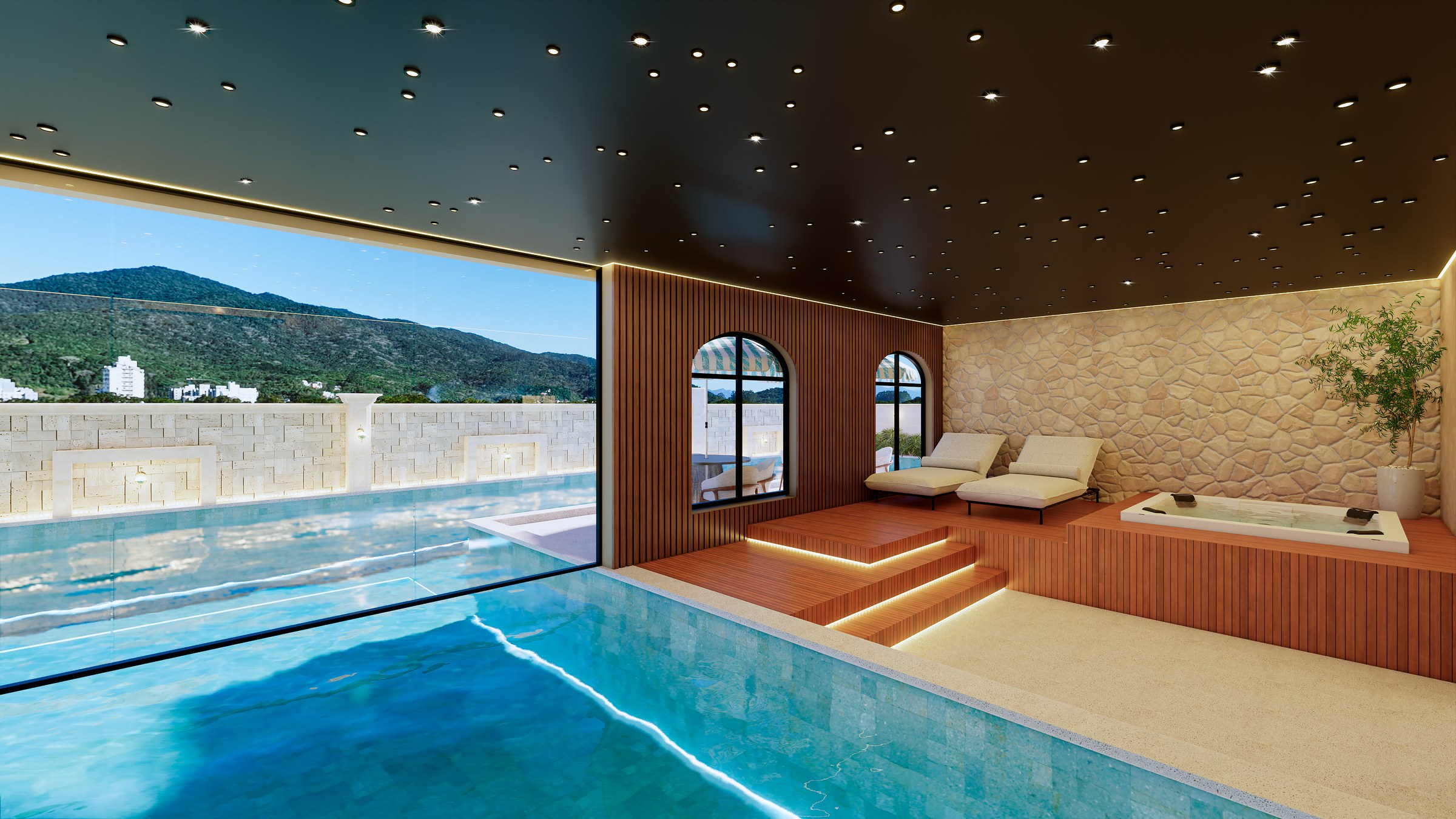 Porto Amalfi Residence — piscina interna aquecida e sala de banho com jacuzzi, AR Incorporadora, Balneário Perequê, Porto Belo SC