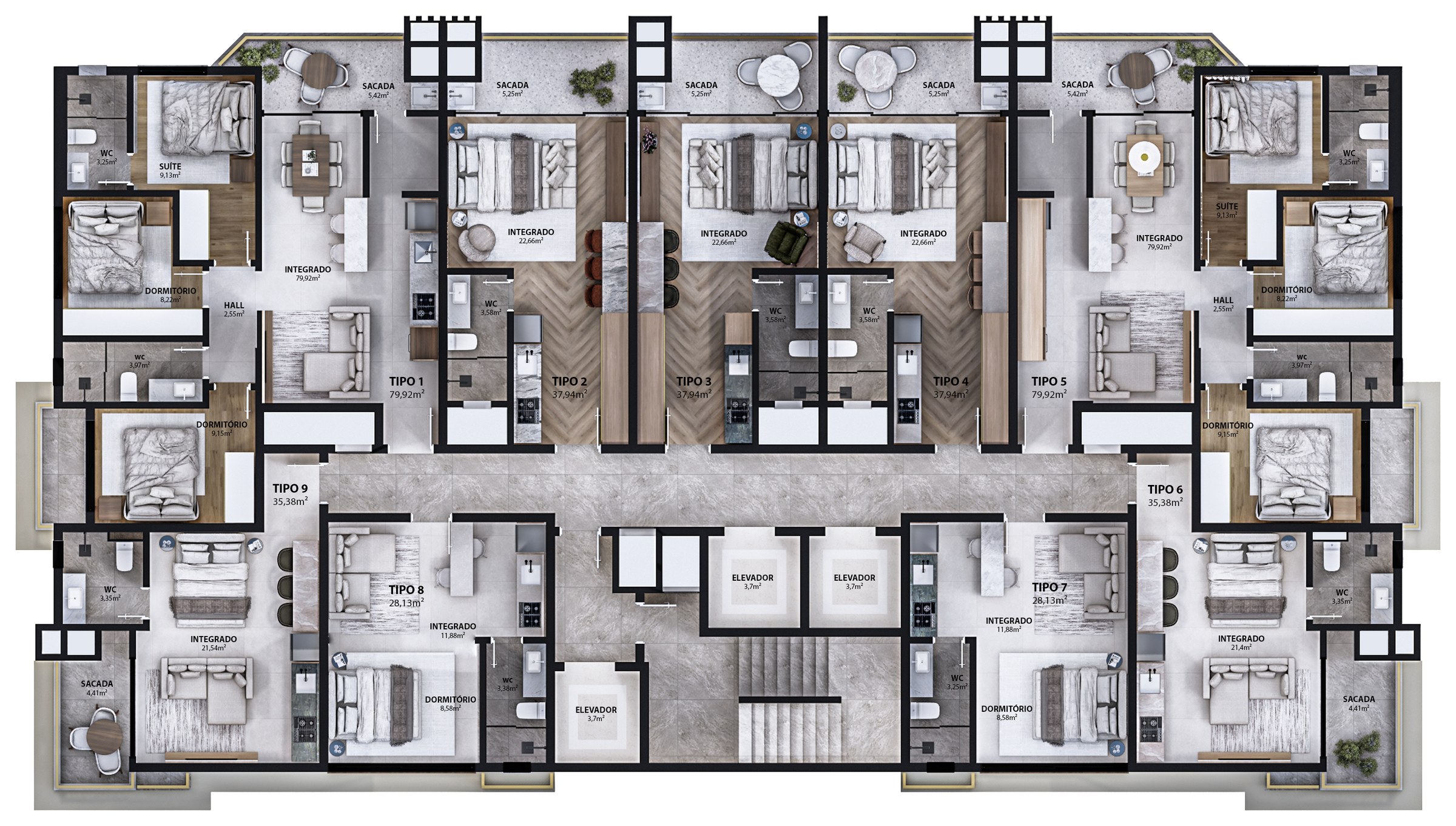 Porto Amalfi Residence — planta do pavimento tipo com 9 unidades, AR Incorporadora, Balneário Perequê, Porto Belo SC