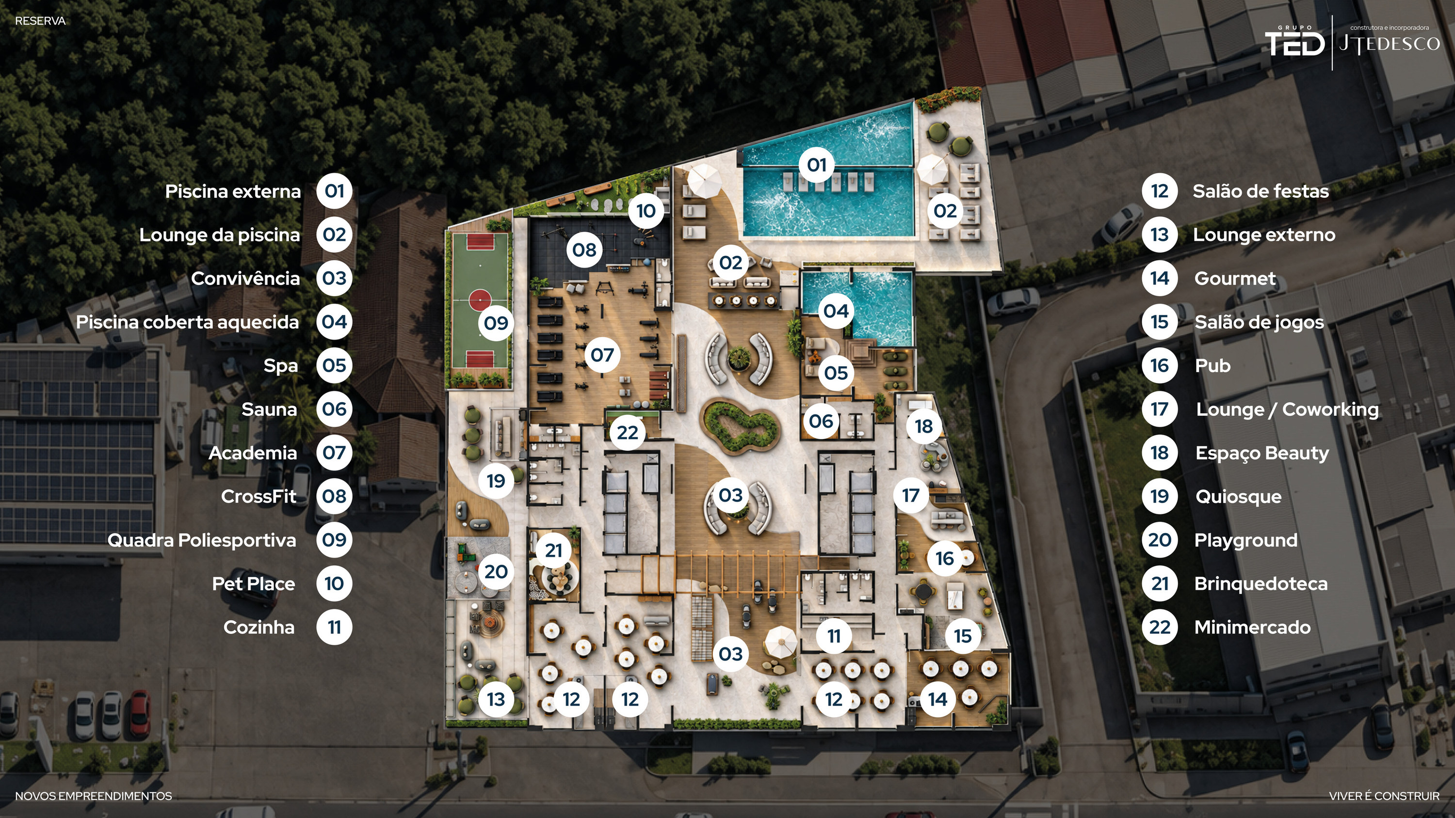 Reserva Tedesco & Mensch — implantação da área de lazer de 2.473,60 m² com legenda, Grupo TED, Jardim Dourado, Porto Belo SC Reserva Tedesco & Mensch — implantação da área de lazer de 2.473,60 m² com legenda, Grupo TED, Jardim Dourado, Porto Belo SC