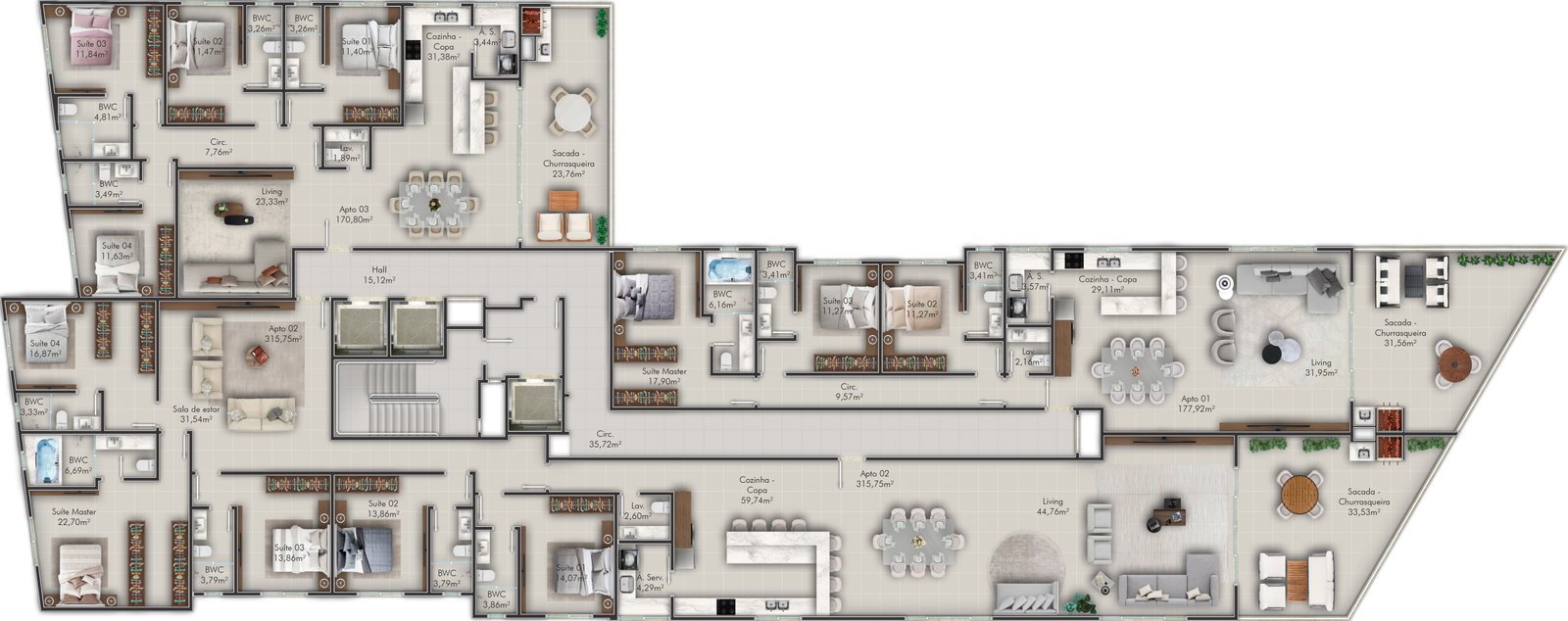Residenziale Lago Di Como — planta tipo pvto 30o, Santana Construtora, Balneário Perequê, Porto Belo SC