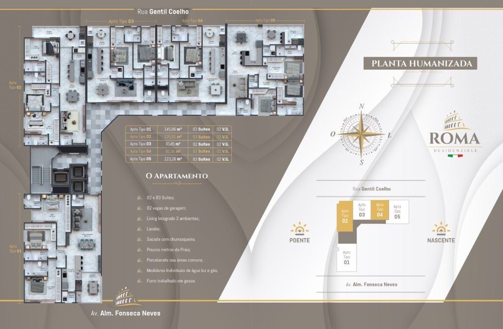 Roma Residenziale — planta e tipologias 1, Zanella Construtora, Balneário Perequê, Porto Belo SC Roma Residenziale — planta e tipologias 1, Zanella Construtora, Balneário Perequê, Porto Belo SC