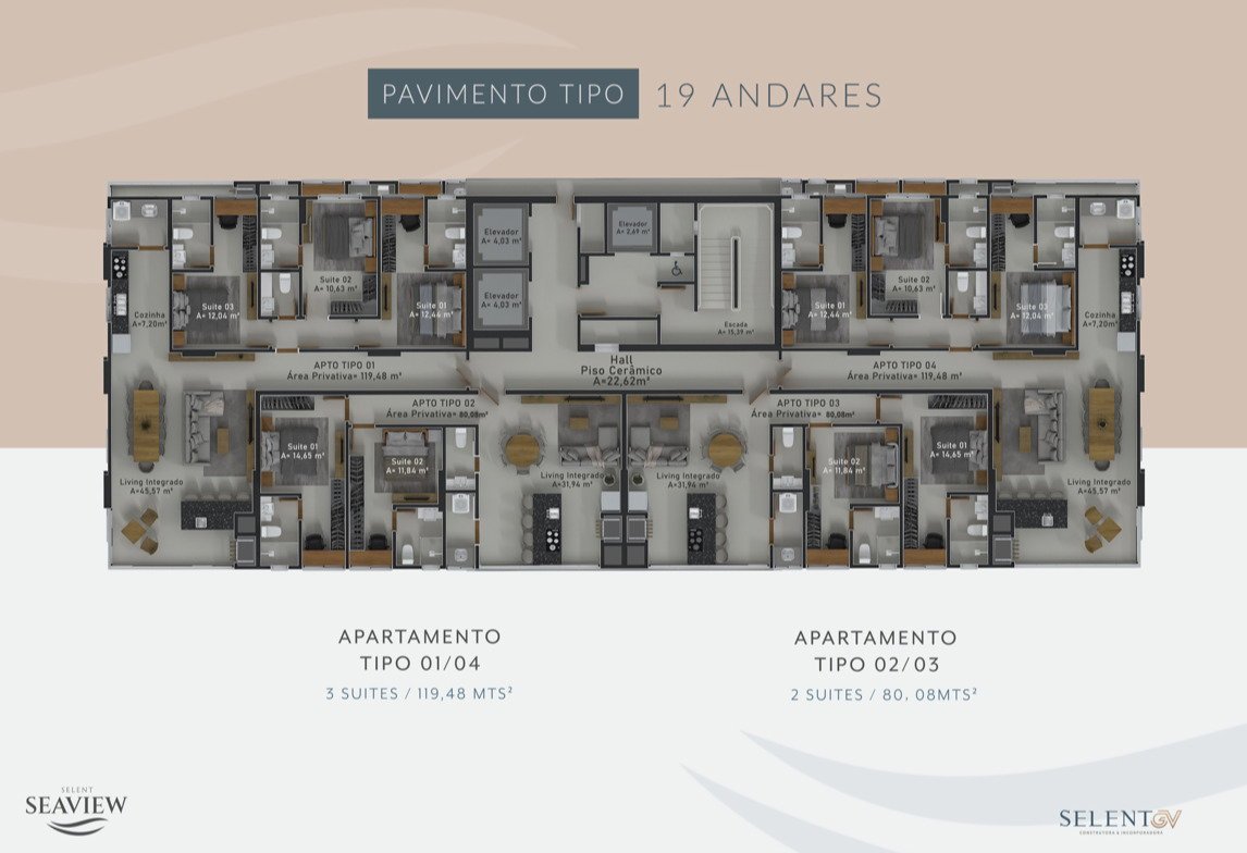Selent Sea View — planta tipo, Selent GV Construtora e Incorporadora, Balneário Perequê, Porto Belo SC
