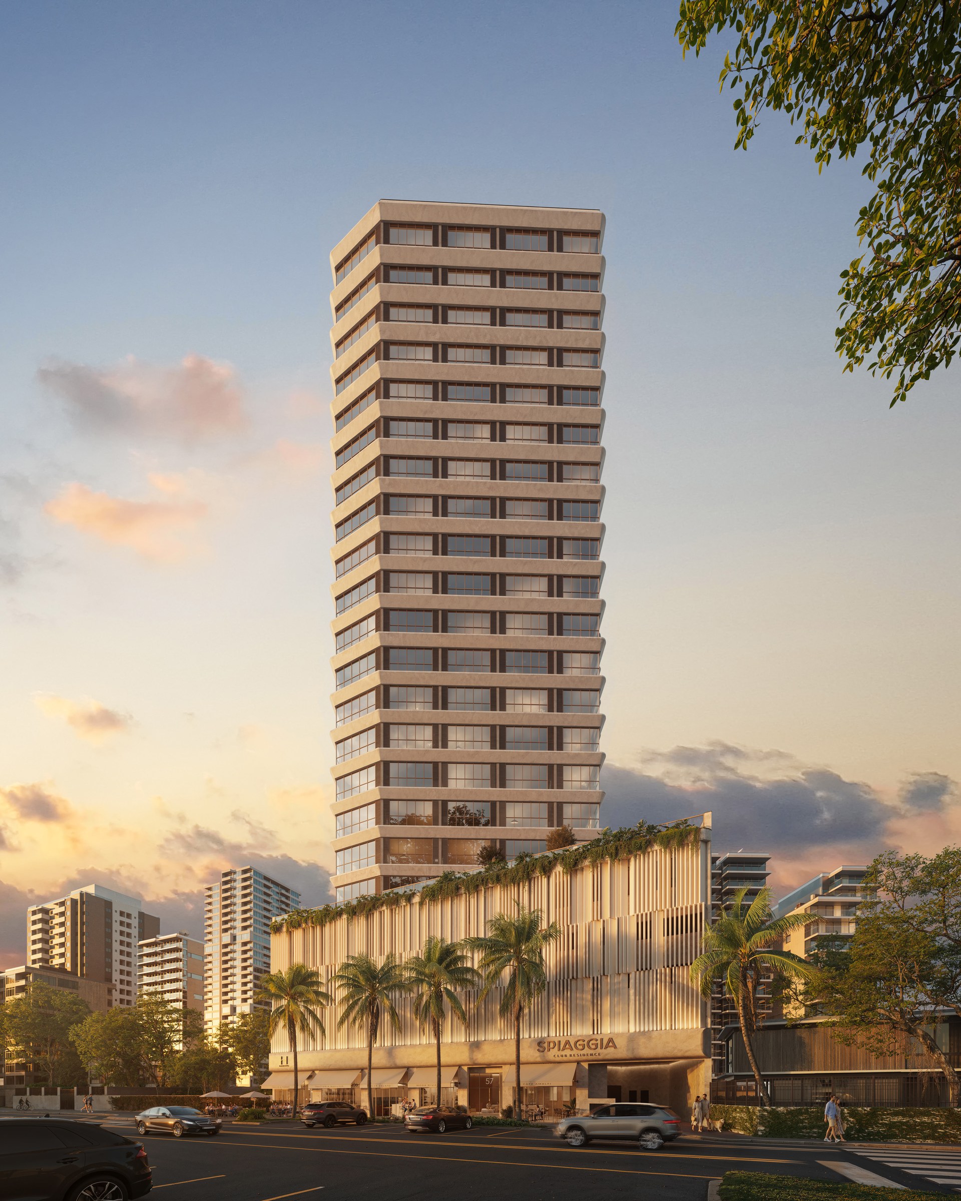 Torre do Spiaggia Club Residence ao entardecer, um dos lançamentos no Balneário Perequê em Porto Belo