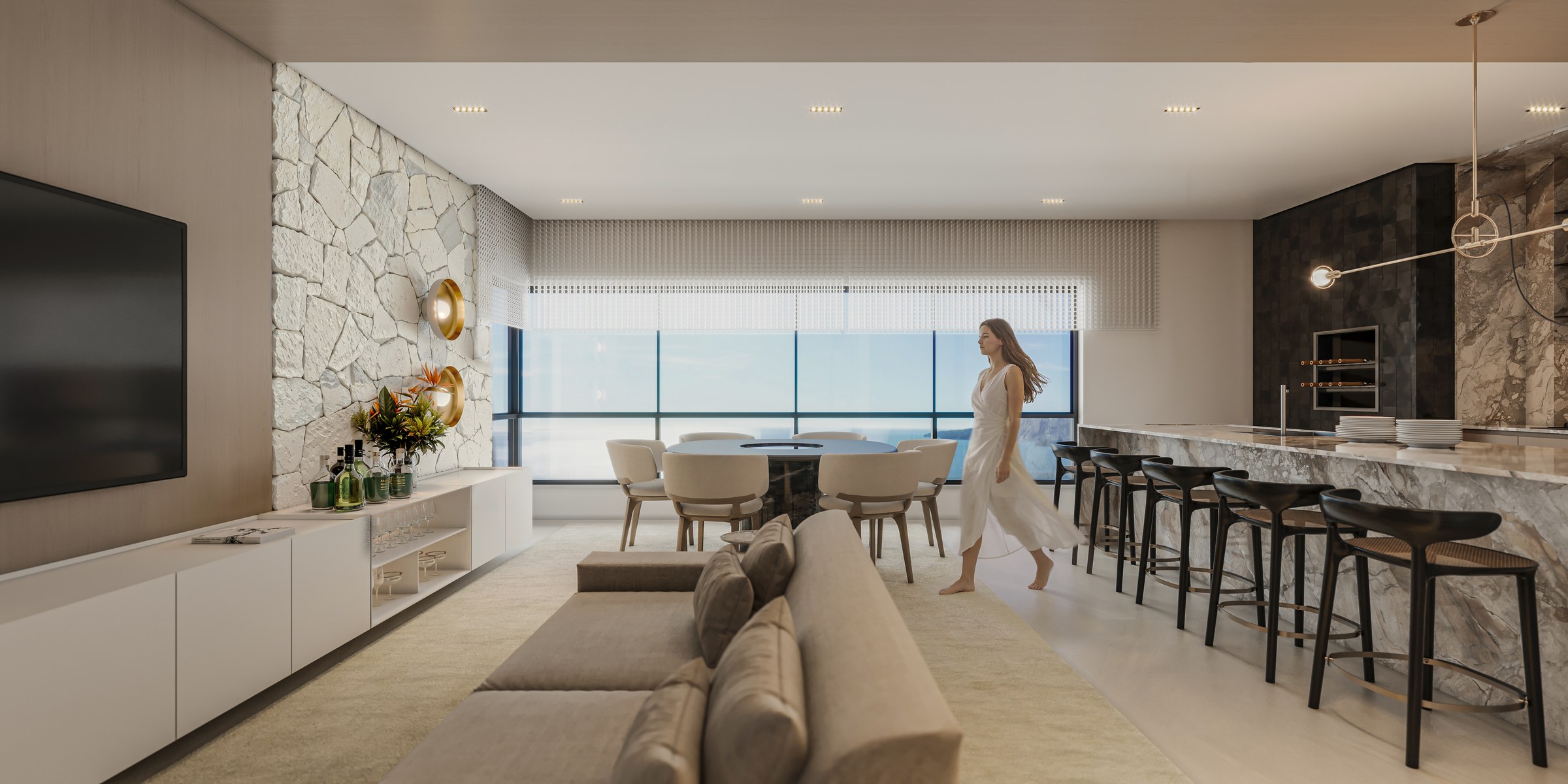 Terra Tower — living integrado do apartamento tipo 01 (3 suítes, 124,31 m²) com vista mar