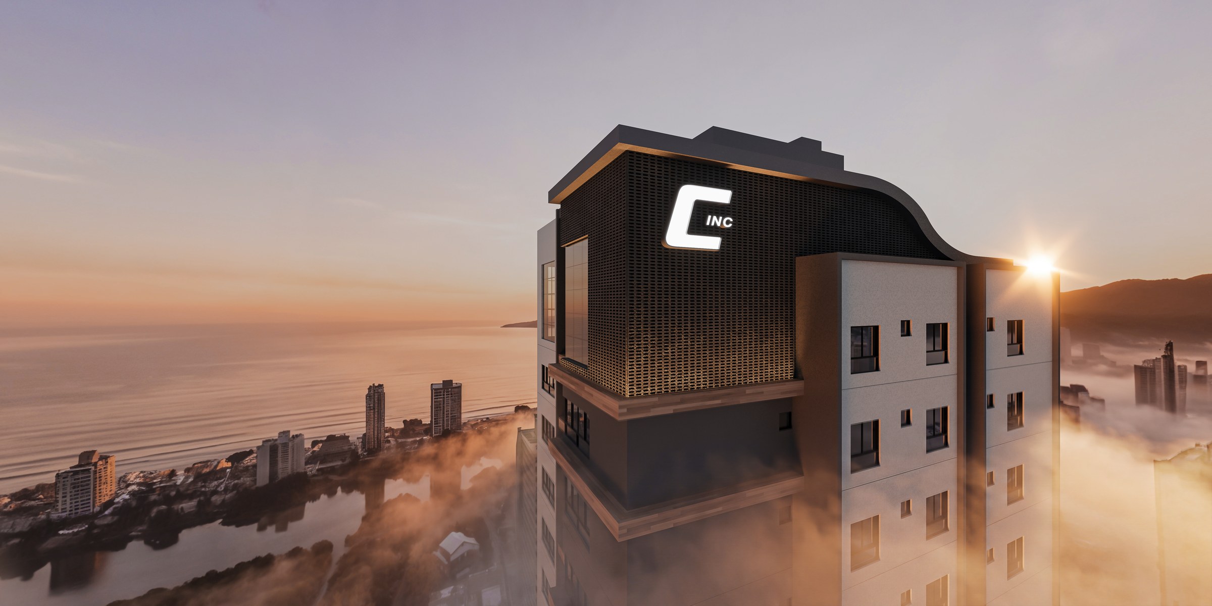 Terra Tower — coroamento da torre ao pôr do sol
