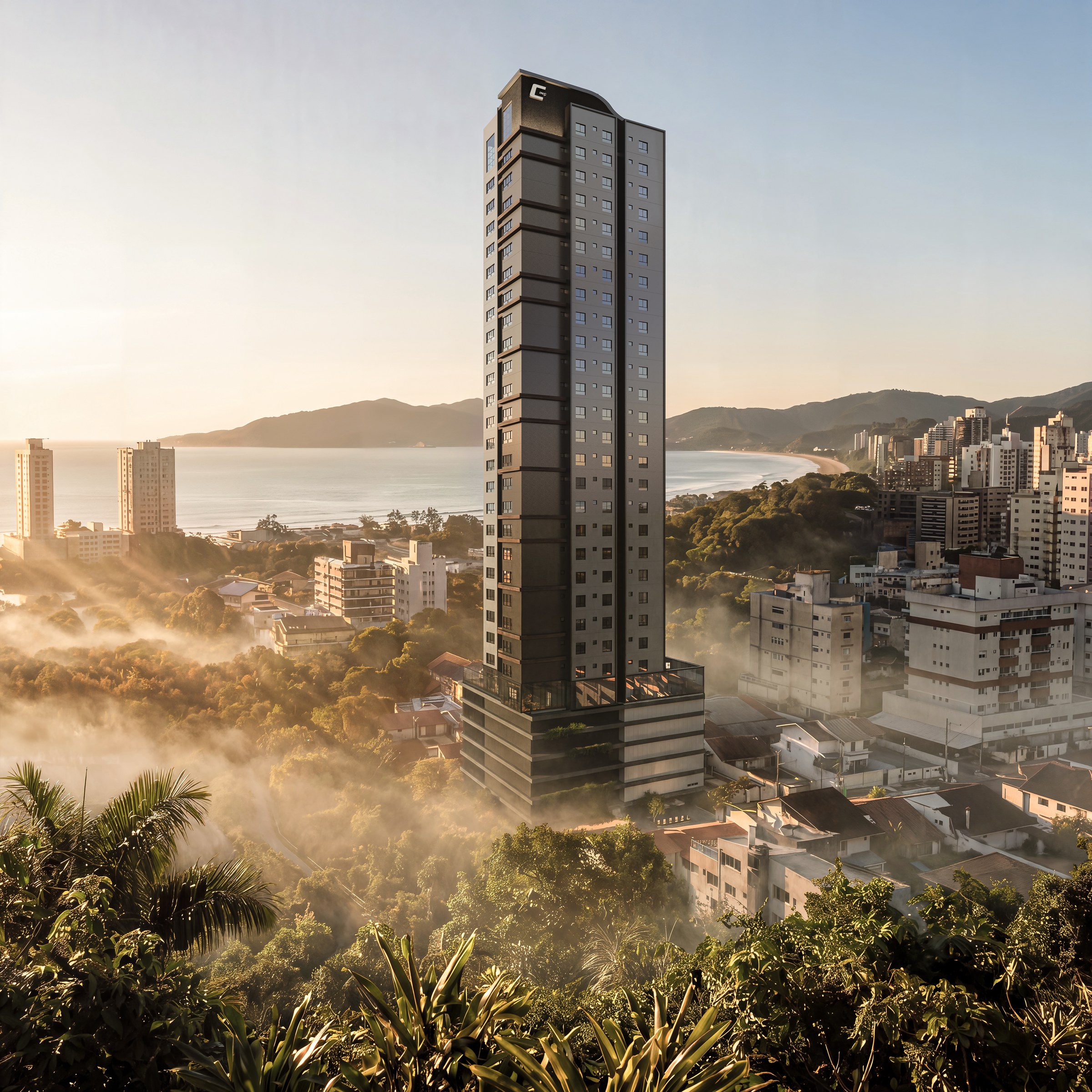 Terra Tower — fachada em diagonal ao amanhecer, Cadore Incorporadora, Porto Belo SC