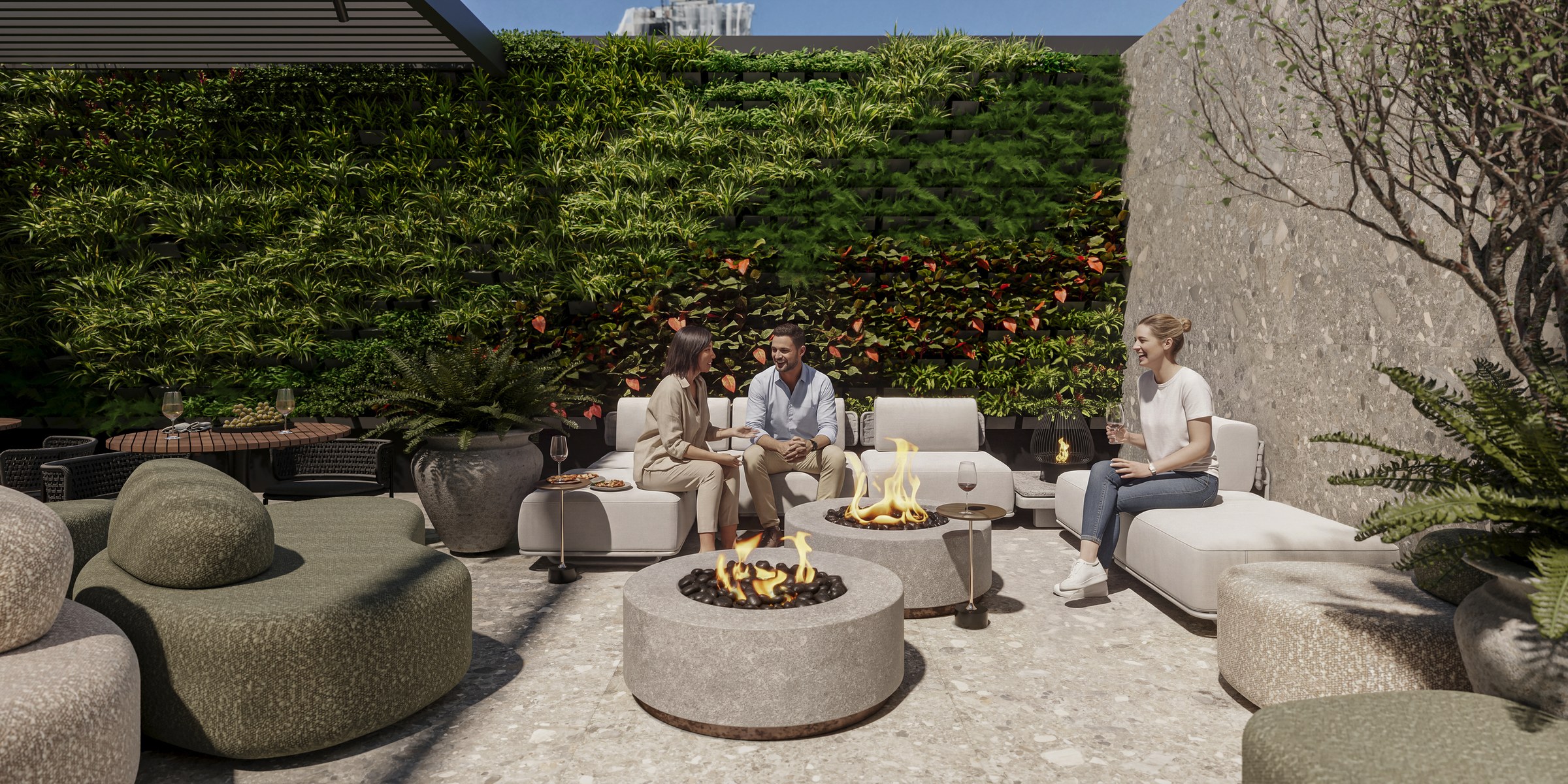 Terra Tower — fireplace ao ar livre com jardim vertical