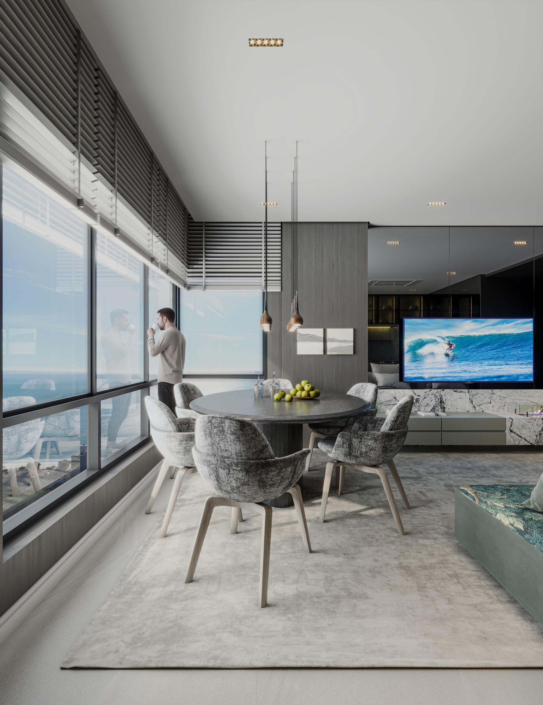 Terra Tower — jantar integrado ao living com vista mar