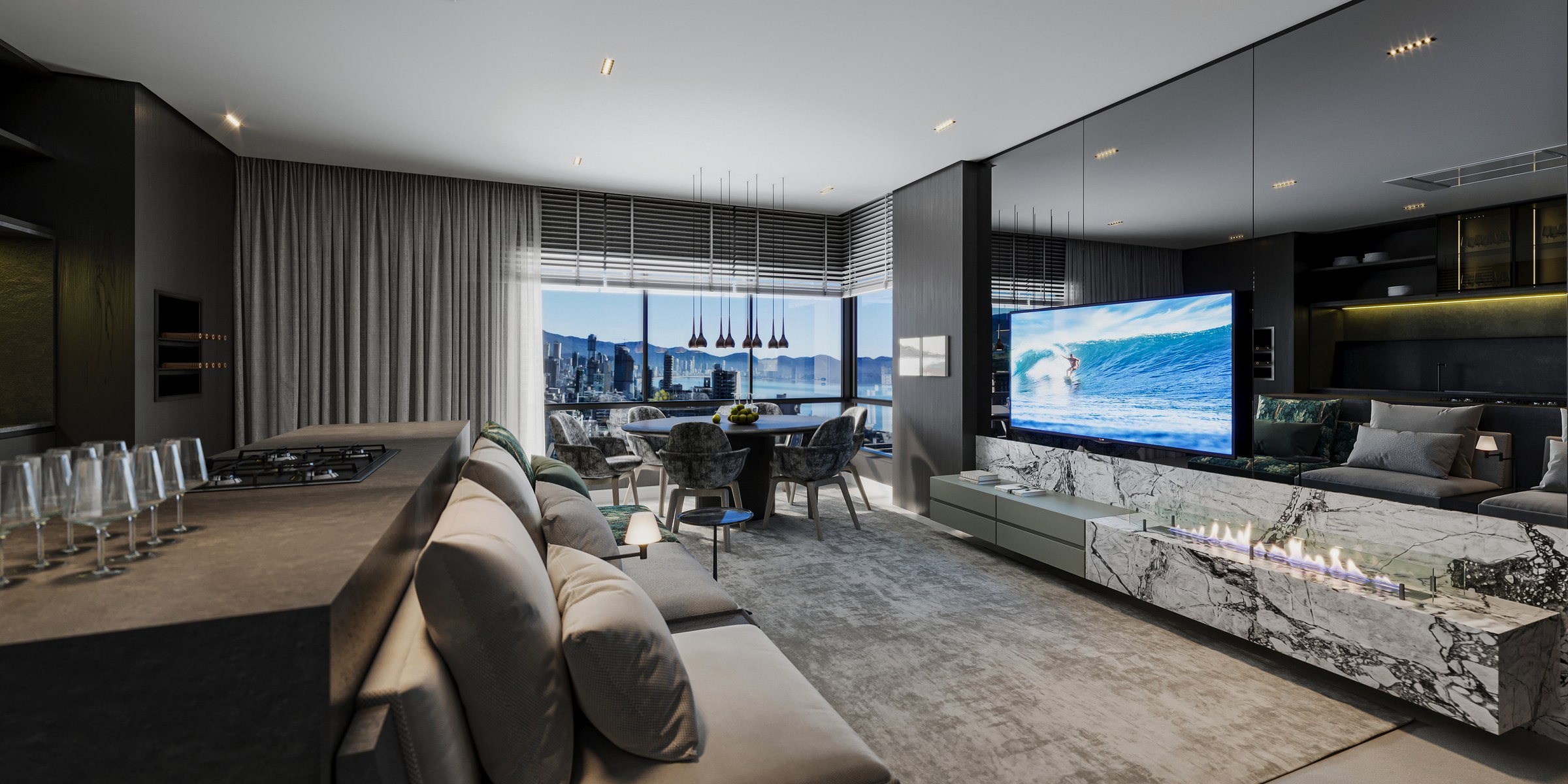 Terra Tower — living decorado com home theater e lareira