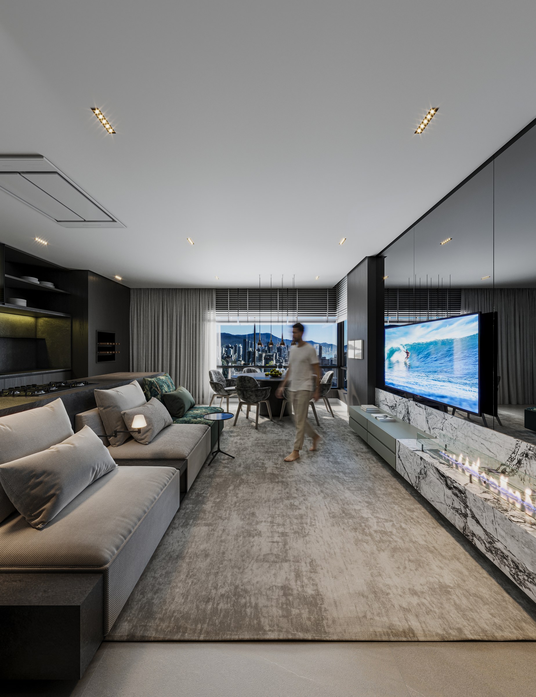 Terra Tower — living integrado com home theater