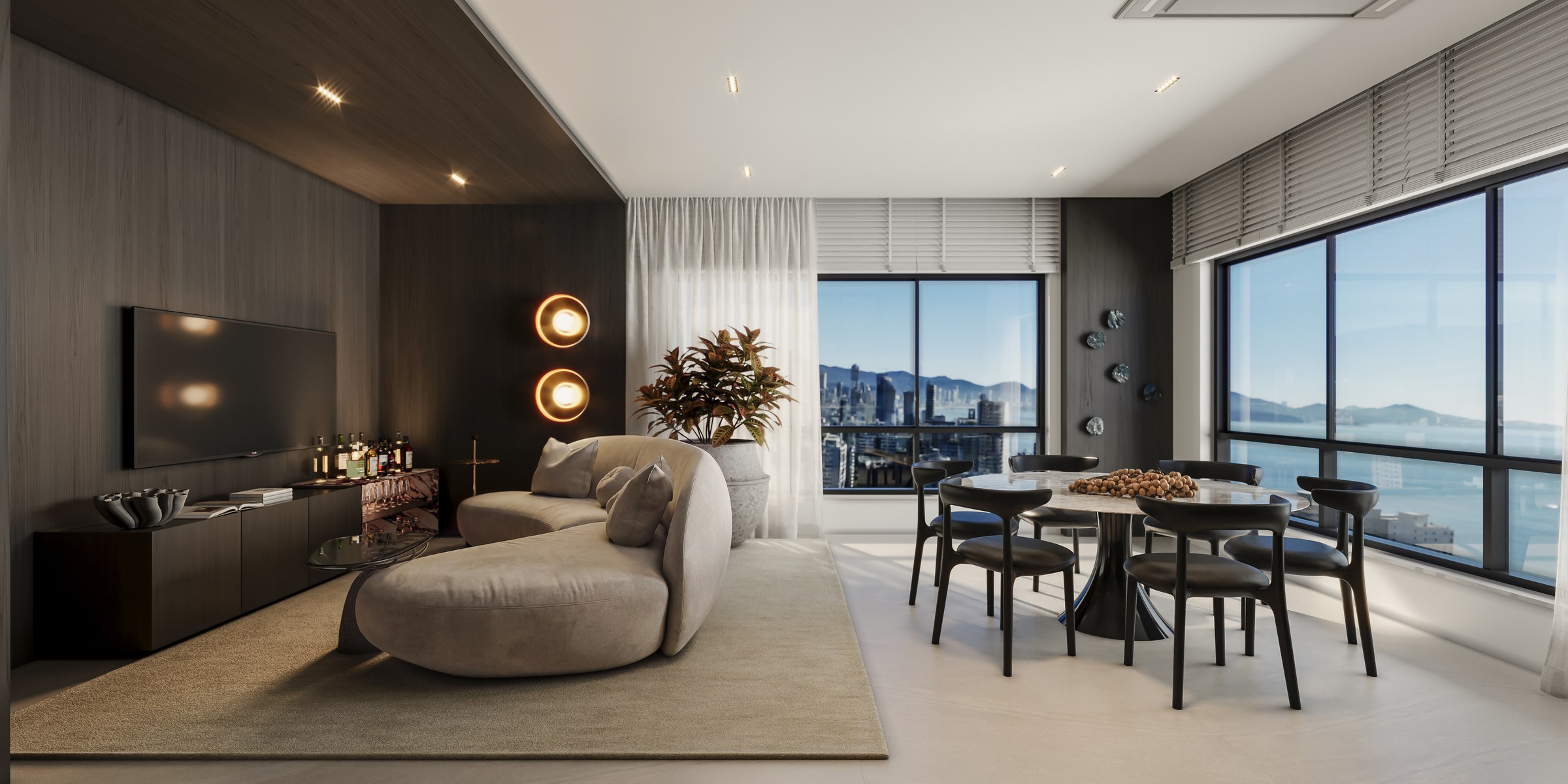 Terra Tower — living e jantar com esquadrias amplas e vista mar