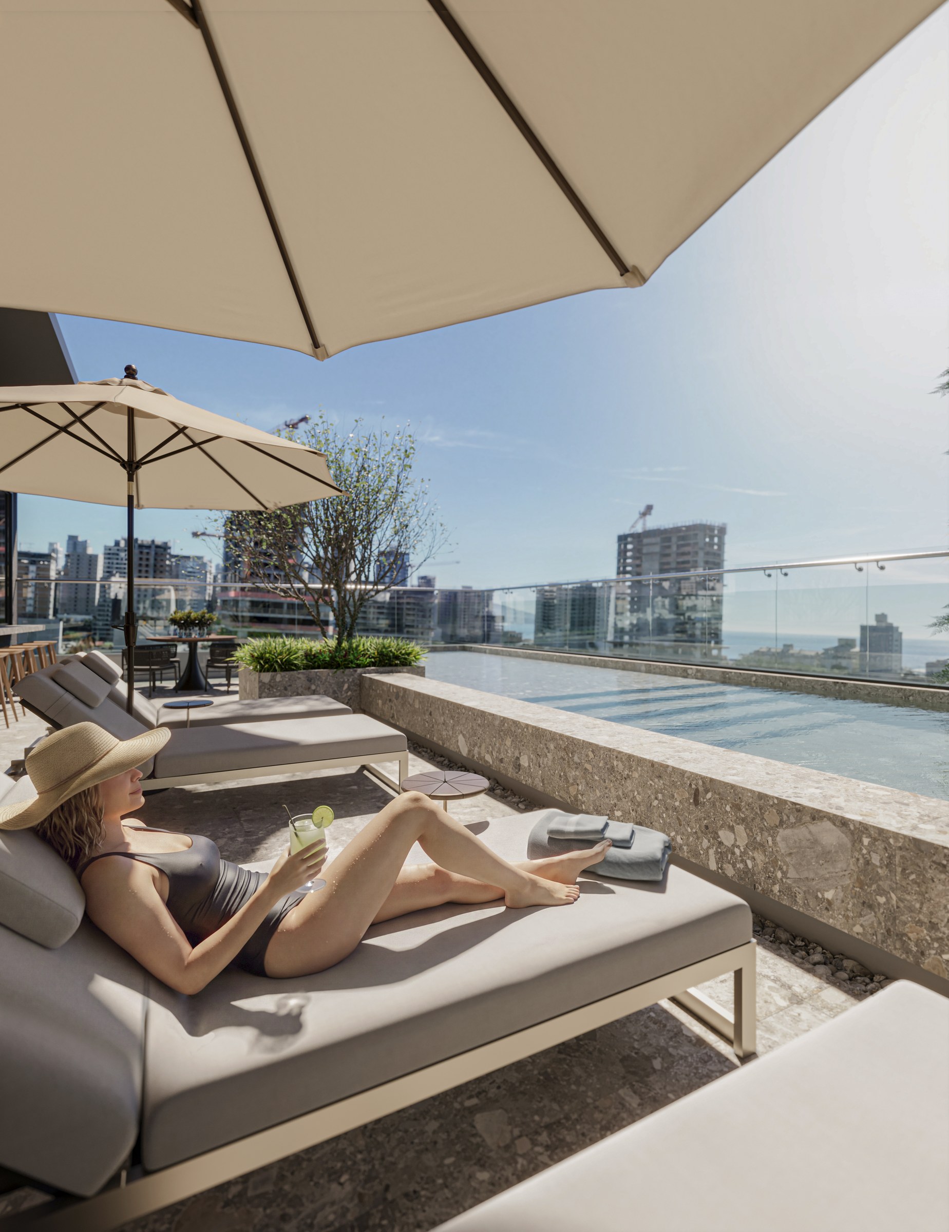 Terra Tower — solarium da piscina com espreguiçadeiras