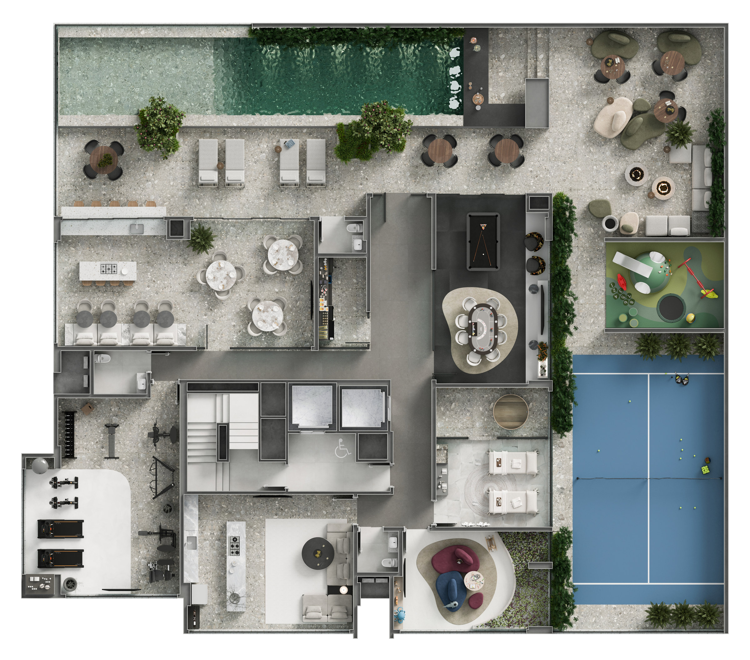 Terra Tower — planta humanizada do pavimento de lazer com piscina, quadra e espaço kids