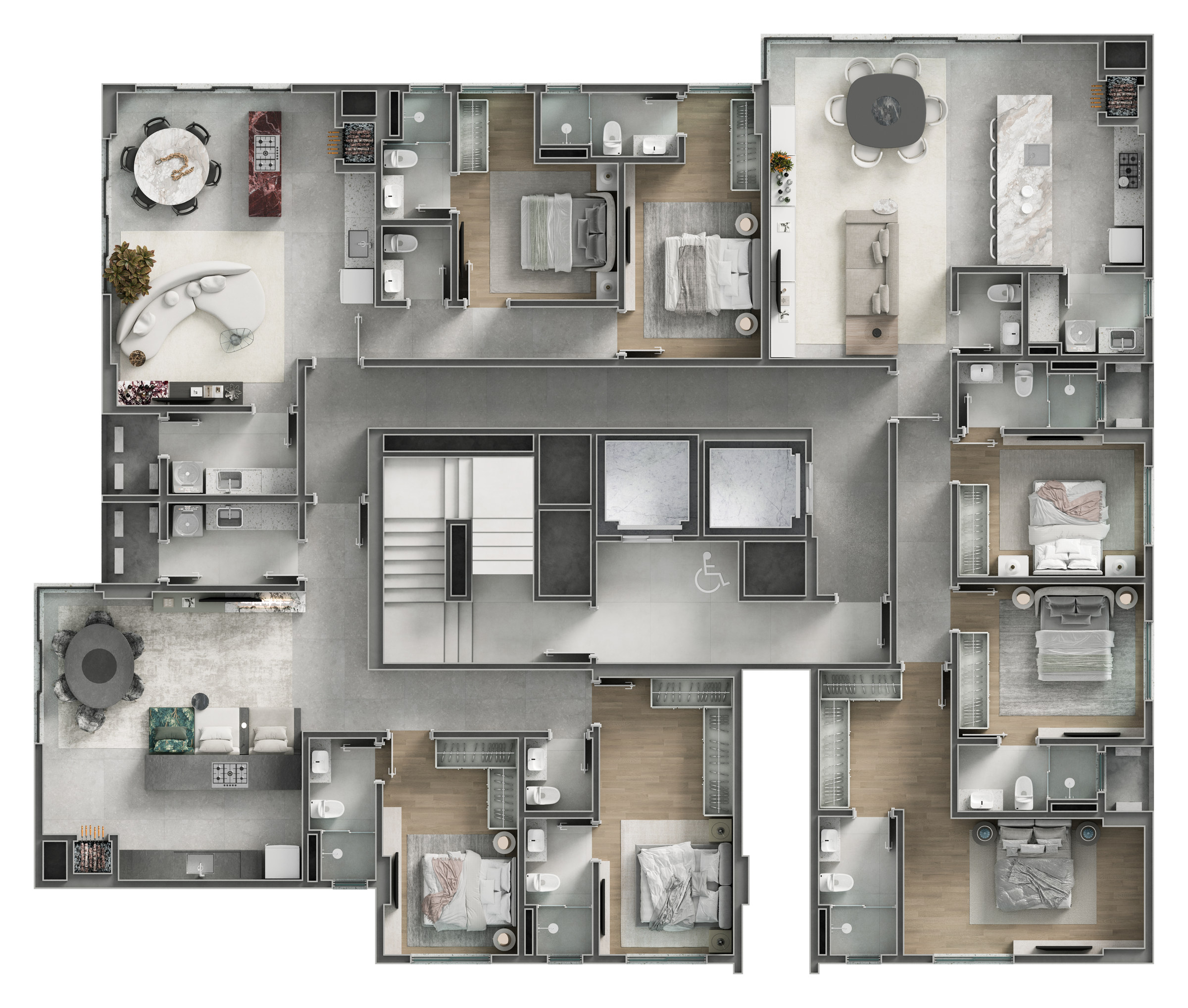 Terra Tower — planta humanizada do pavimento tipo com as 3 tipologias e 2 elevadores