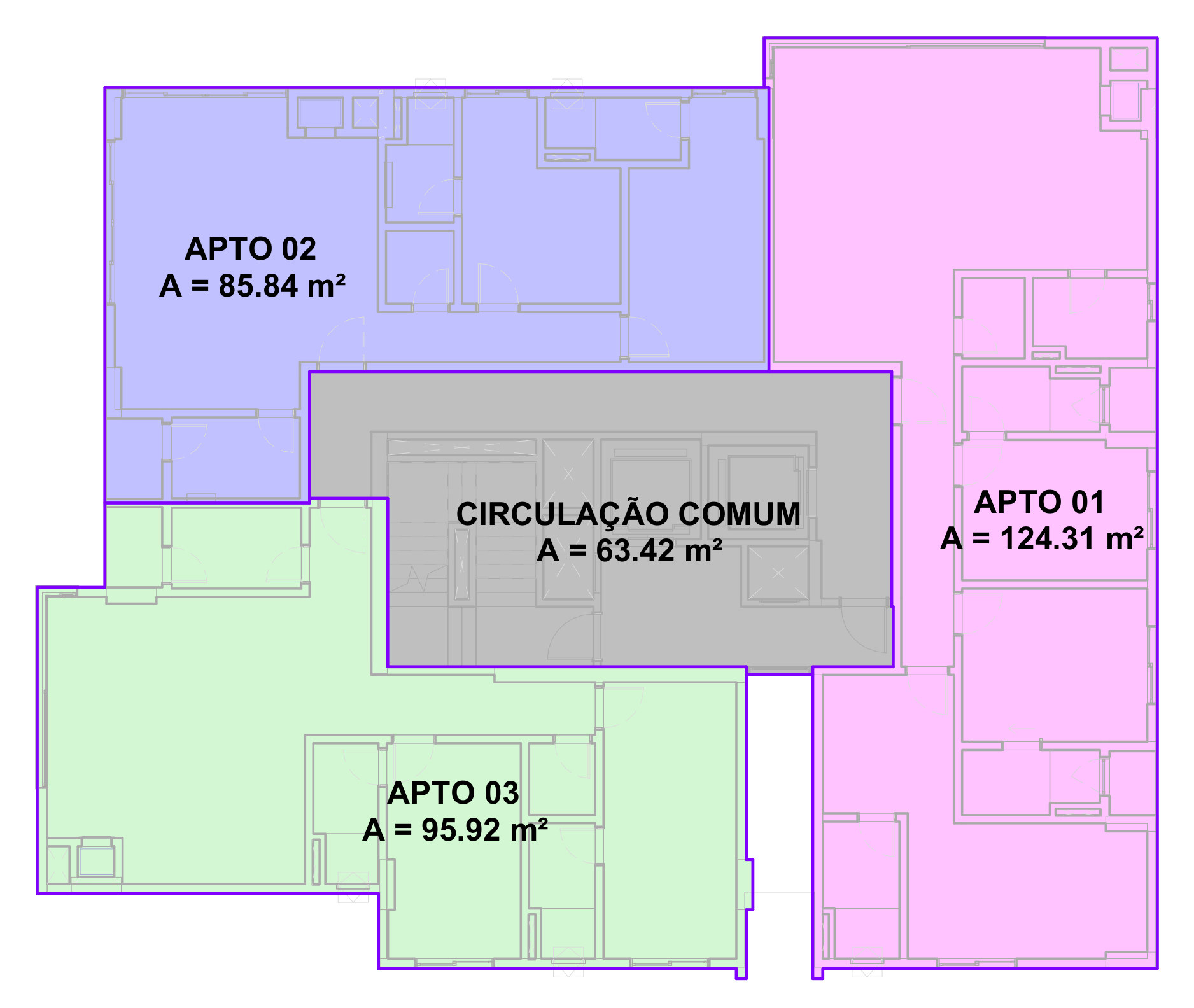 Terra Tower — planta das tipologias: apto 01 com 124,31 m², apto 02 com 85,84 m² e apto 03 com 95,92 m²