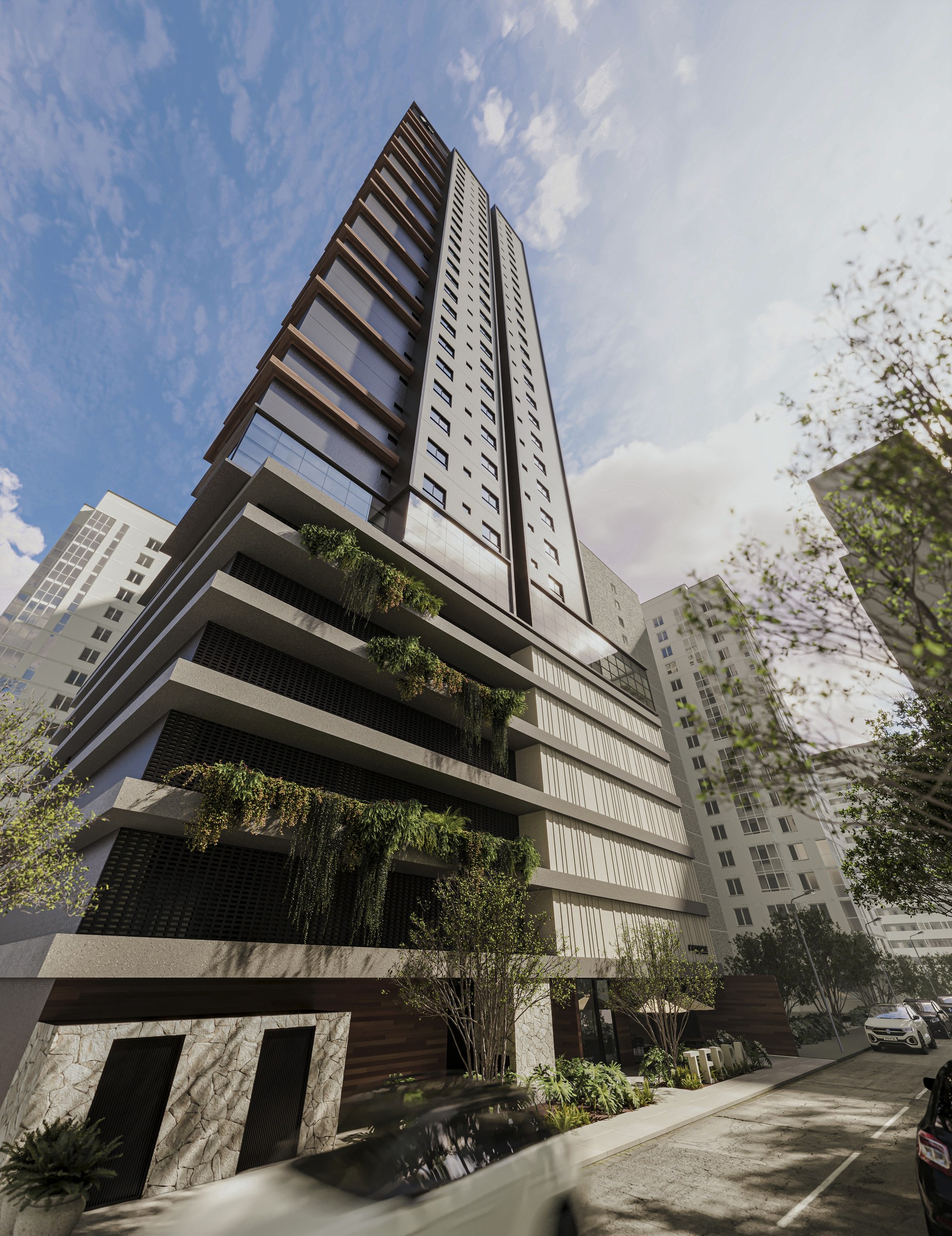 Terra Tower — torre vista da rua, com fachada e jardins verticais