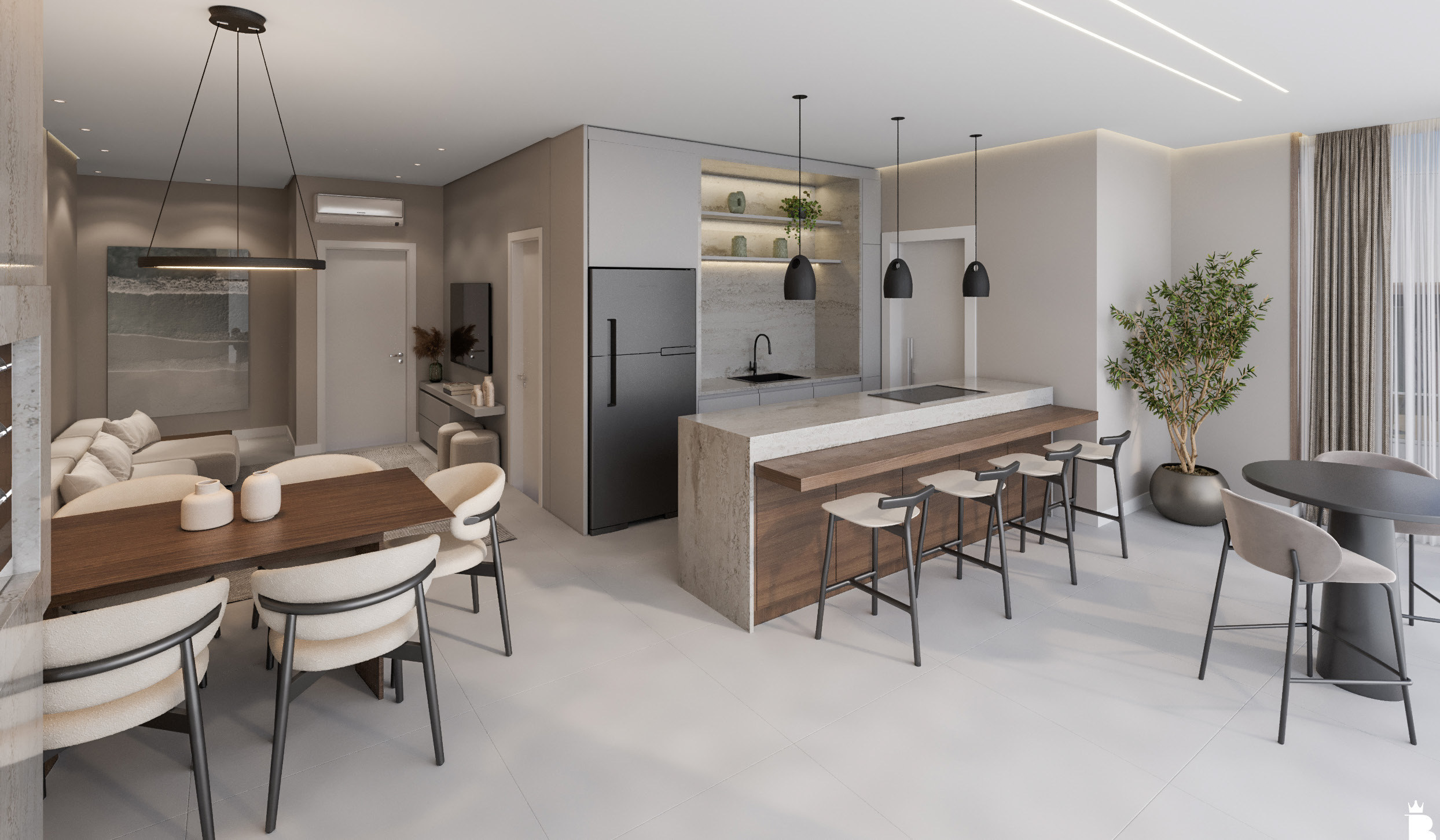 The Plaza Residence — Living integrado e cozinha, G Construtora, Balneário Perequê, Porto Belo SC The Plaza Residence — Living integrado e cozinha, G Construtora, Balneário Perequê, Porto Belo SC