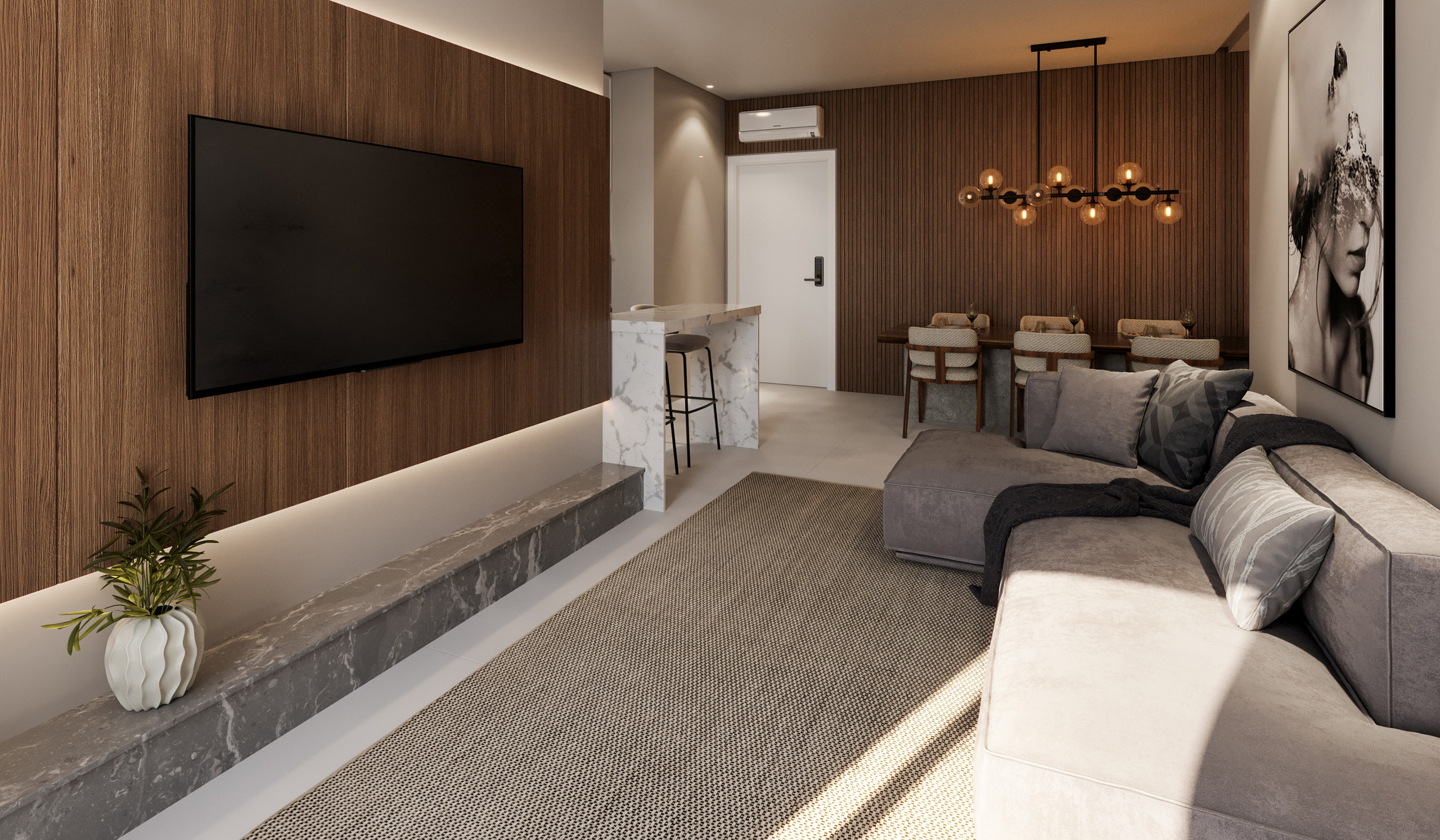 The Plaza Residence — Living integrado com estar e jantar, G Construtora, Balneário Perequê, Porto Belo SC The Plaza Residence — Living integrado com estar e jantar, G Construtora, Balneário Perequê, Porto Belo SC