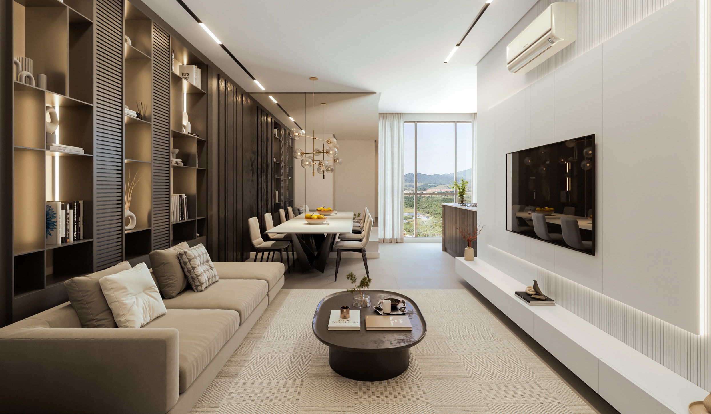 The Plaza Residence — Living e jantar com estante, G Construtora, Balneário Perequê, Porto Belo SC The Plaza Residence — Living e jantar com estante, G Construtora, Balneário Perequê, Porto Belo SC