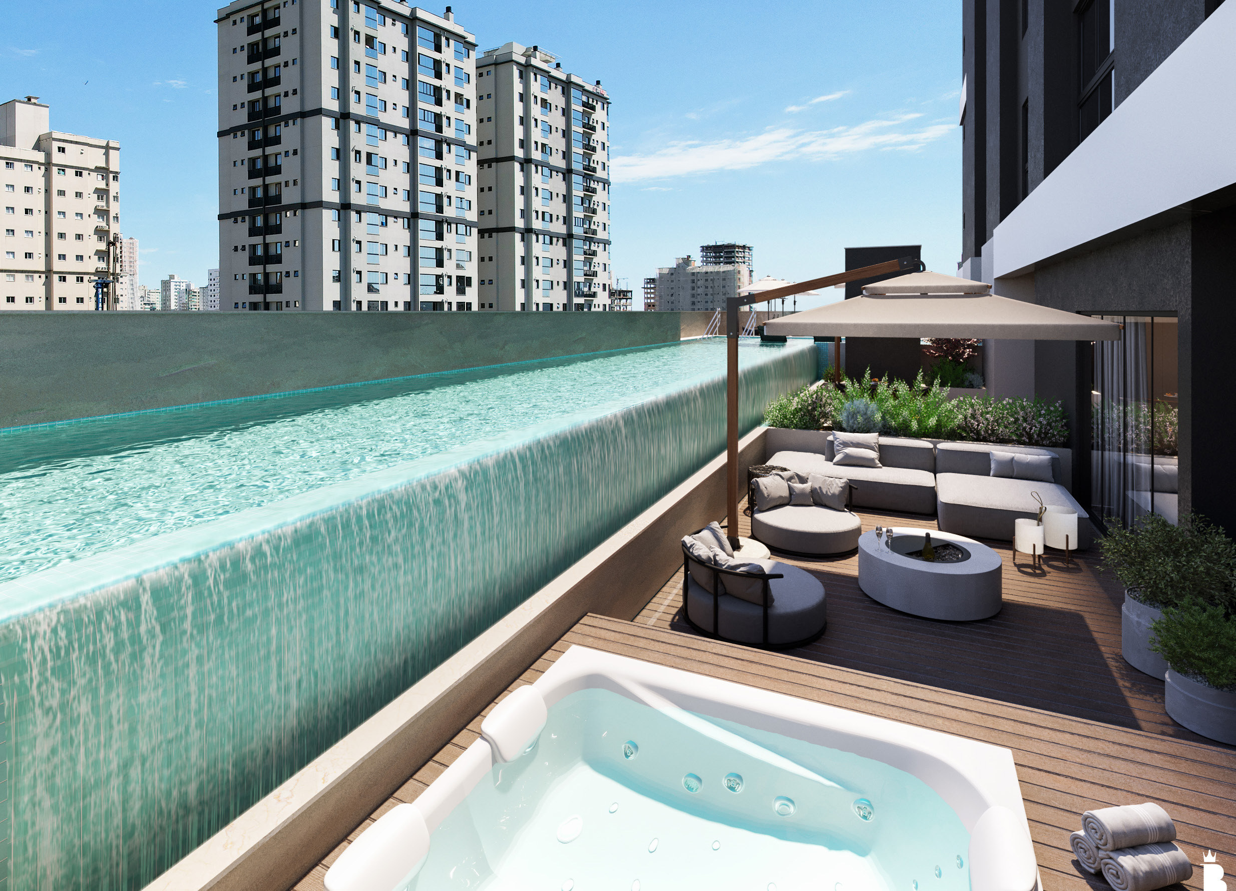 The Plaza Residence — Piscina com borda infinita e hidromassagem, G Construtora, Balneário Perequê, Porto Belo SC The Plaza Residence — Piscina com borda infinita e hidromassagem, G Construtora, Balneário Perequê, Porto Belo SC