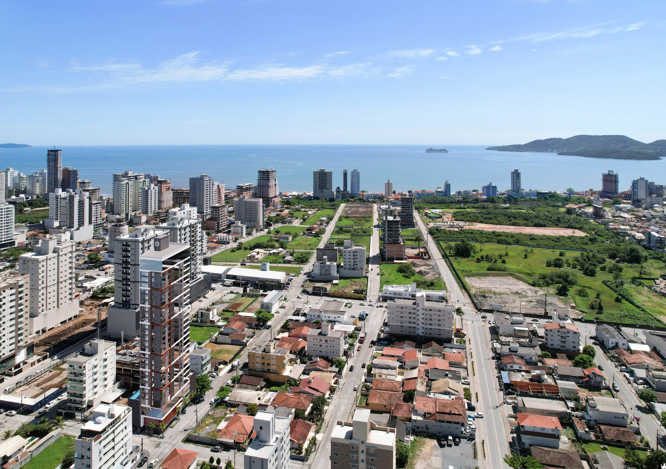The Plaza Residence — Vista aérea do bairro e da torre, G Construtora, Balneário Perequê, Porto Belo SC The Plaza Residence — Vista aérea do bairro e da torre, G Construtora, Balneário Perequê, Porto Belo SC