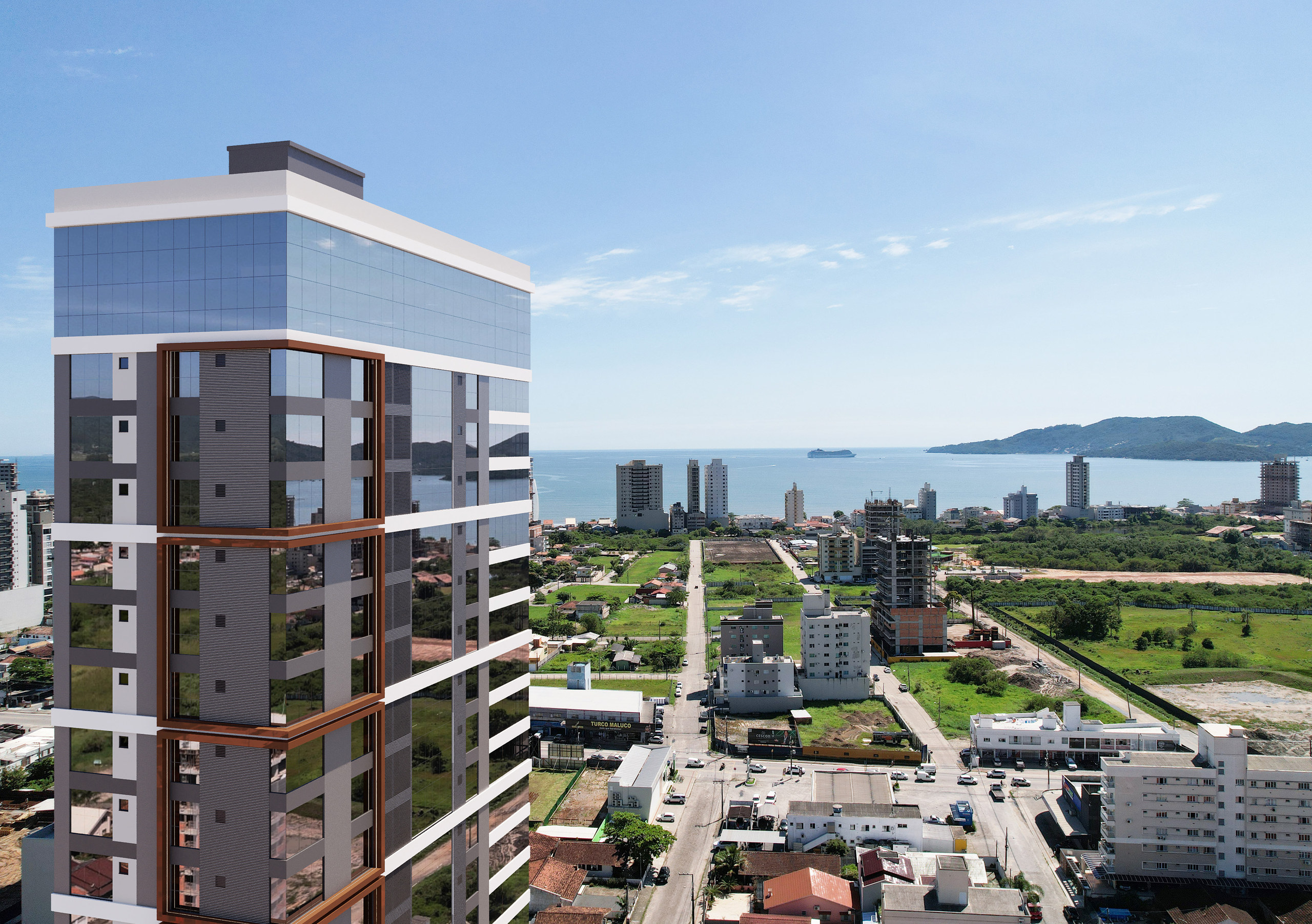 The Plaza Residence — Vista aérea com o mar ao fundo, G Construtora, Balneário Perequê, Porto Belo SC The Plaza Residence — Vista aérea com o mar ao fundo, G Construtora, Balneário Perequê, Porto Belo SC