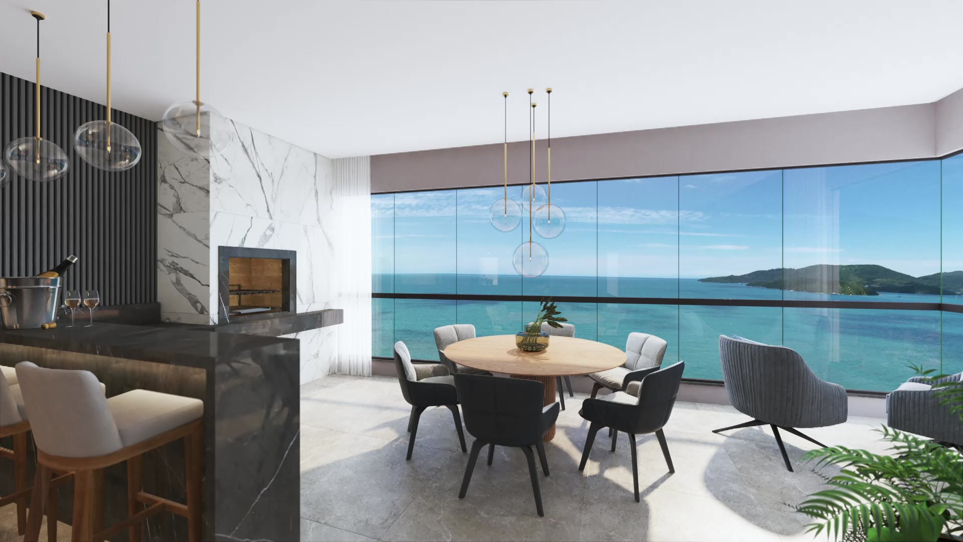 Torre Di Giuseppe — Living integrado com vista para o mar no Torre Di Giuseppe, GM Selent Empreendimentos, Porto Belo SC Torre Di Giuseppe — Living integrado com vista para o mar no Torre Di Giuseppe, GM Selent Empreendimentos, Porto Belo SC