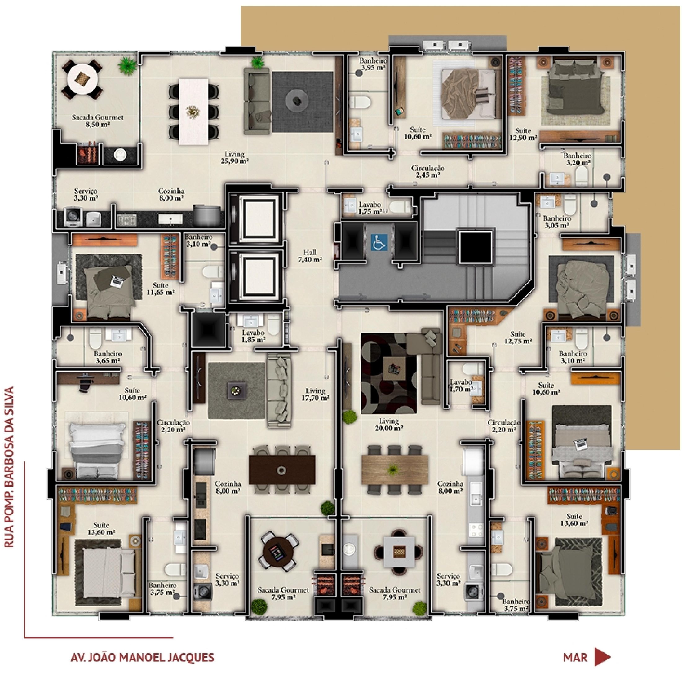 UP Street — Planta do pavimento tipo: apartamentos de 101,50 m² e 87,50 m² de área privativa, UP Empreendimentos, Porto Belo SC