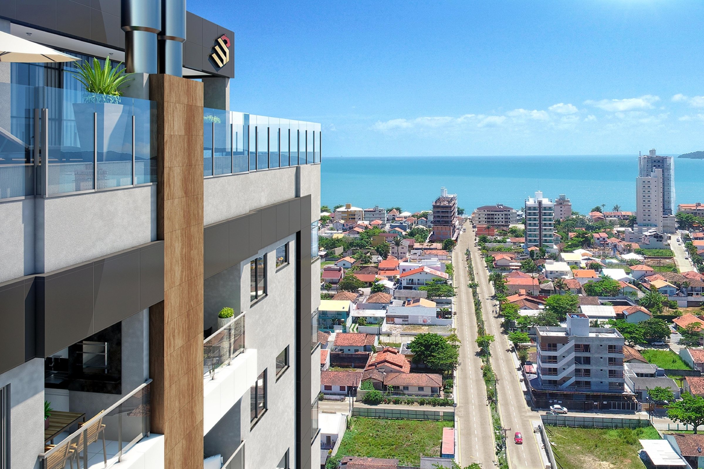 UP Street — Vista aérea da cobertura com o mar e o Perequê ao fundo, UP Empreendimentos, Porto Belo SC