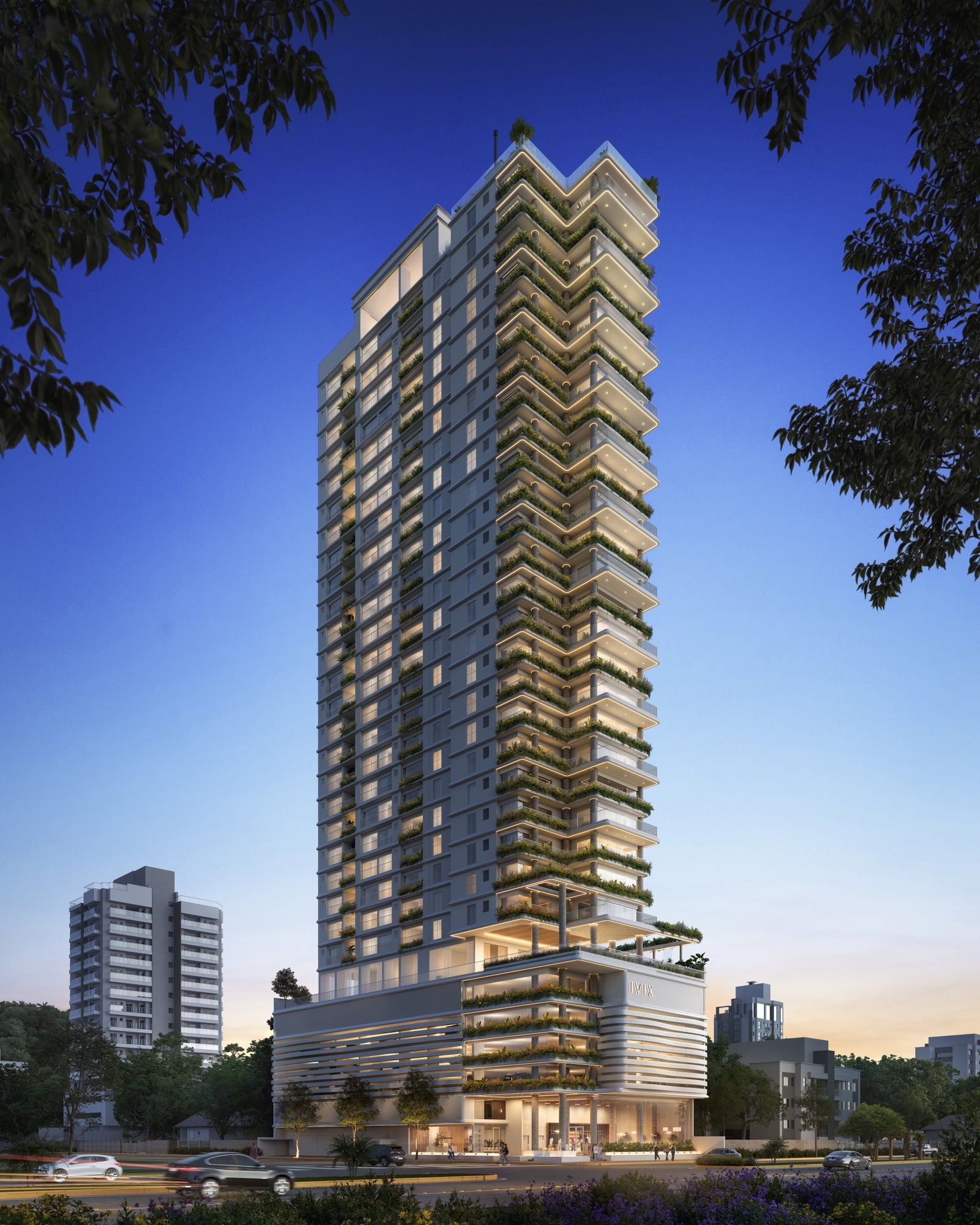 Velta — fachada noturna, IVIX Empreendimentos, Balneário Perequê, Porto Belo SC Velta — fachada noturna, IVIX Empreendimentos, Balneário Perequê, Porto Belo SC