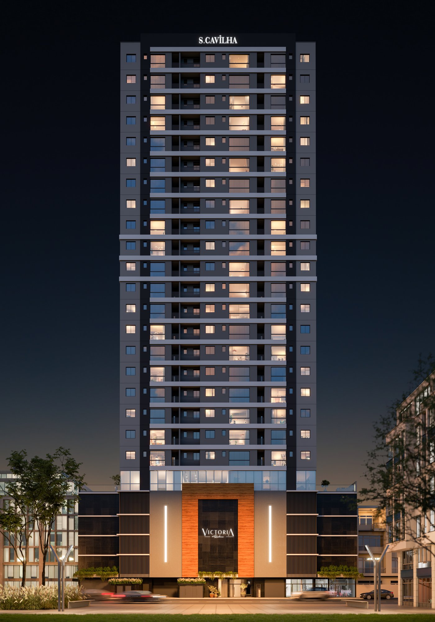 Victoria Residence — externa noturna rf, S. Cavilha Empreendimentos, Balneário Perequê, Porto Belo SC
