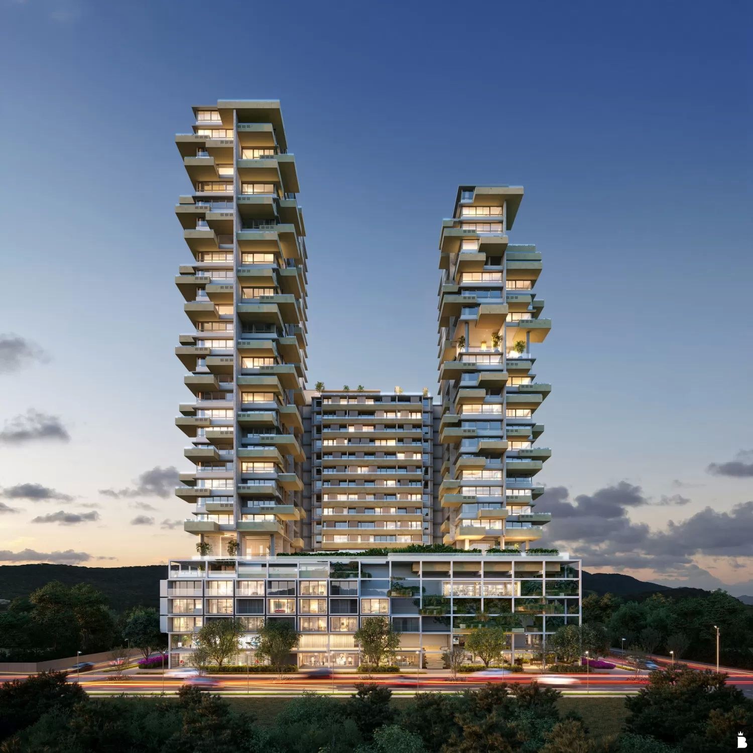 Vivapark Vitta 27 - Torre 2 — fachada das torres ao entardecer, Vivapark Vokkan, Porto Belo SC Vivapark Vitta 27 - Torre 2 — fachada das torres ao entardecer, Vivapark Vokkan, Porto Belo SC