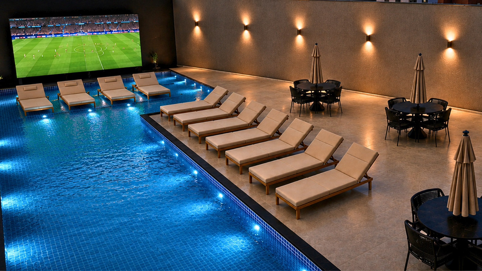 Volt Tower — piscina externa à noite, Mauser Construtora, Balneário Perequê, Porto Belo SC