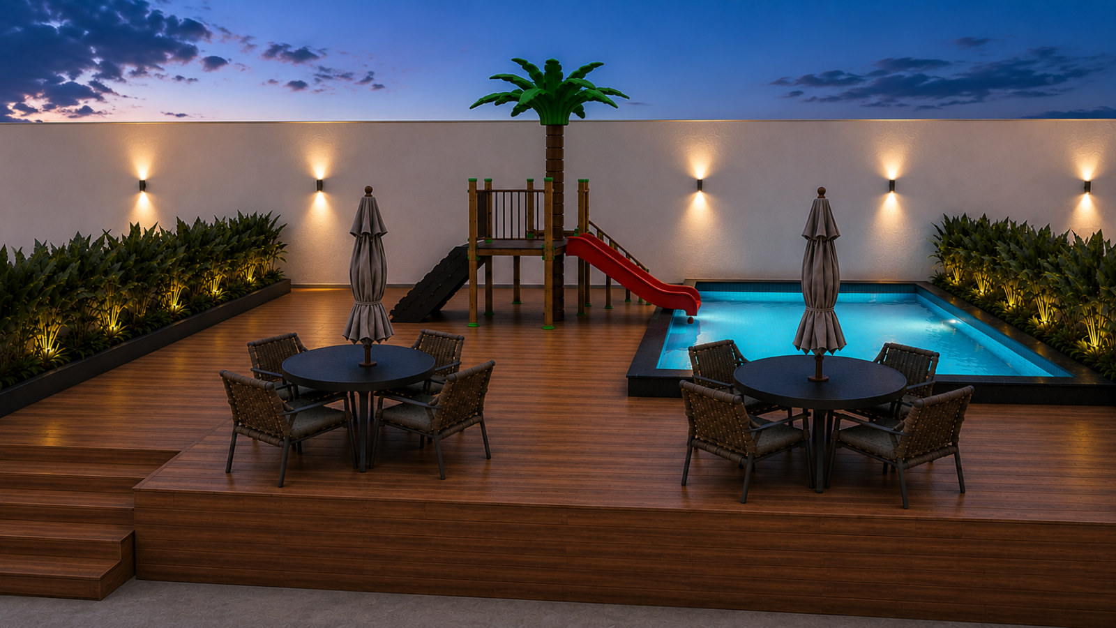 Volt Tower — piscina infantil à noite, Mauser Construtora, Balneário Perequê, Porto Belo SC