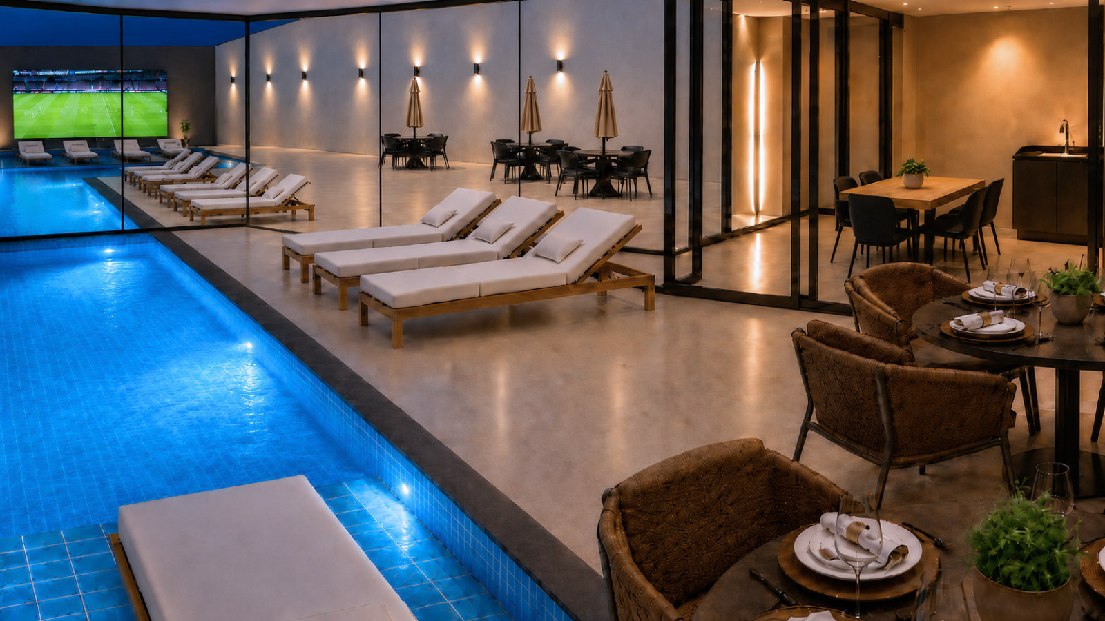 Volt Tower — piscina interna à noite, Mauser Construtora, Balneário Perequê, Porto Belo SC