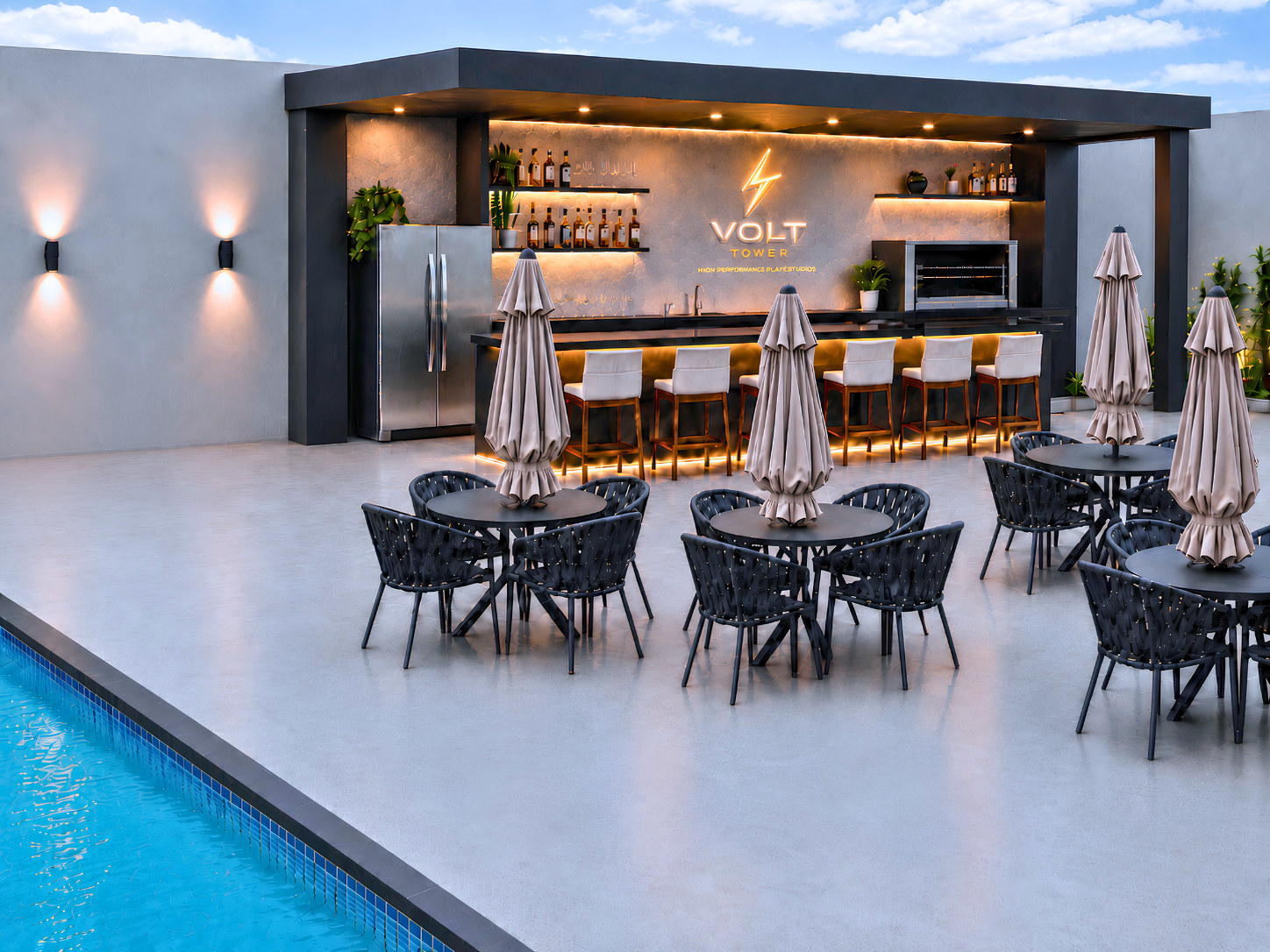 Volt Tower — pub da piscina de dia, Mauser Construtora, Balneário Perequê, Porto Belo SC