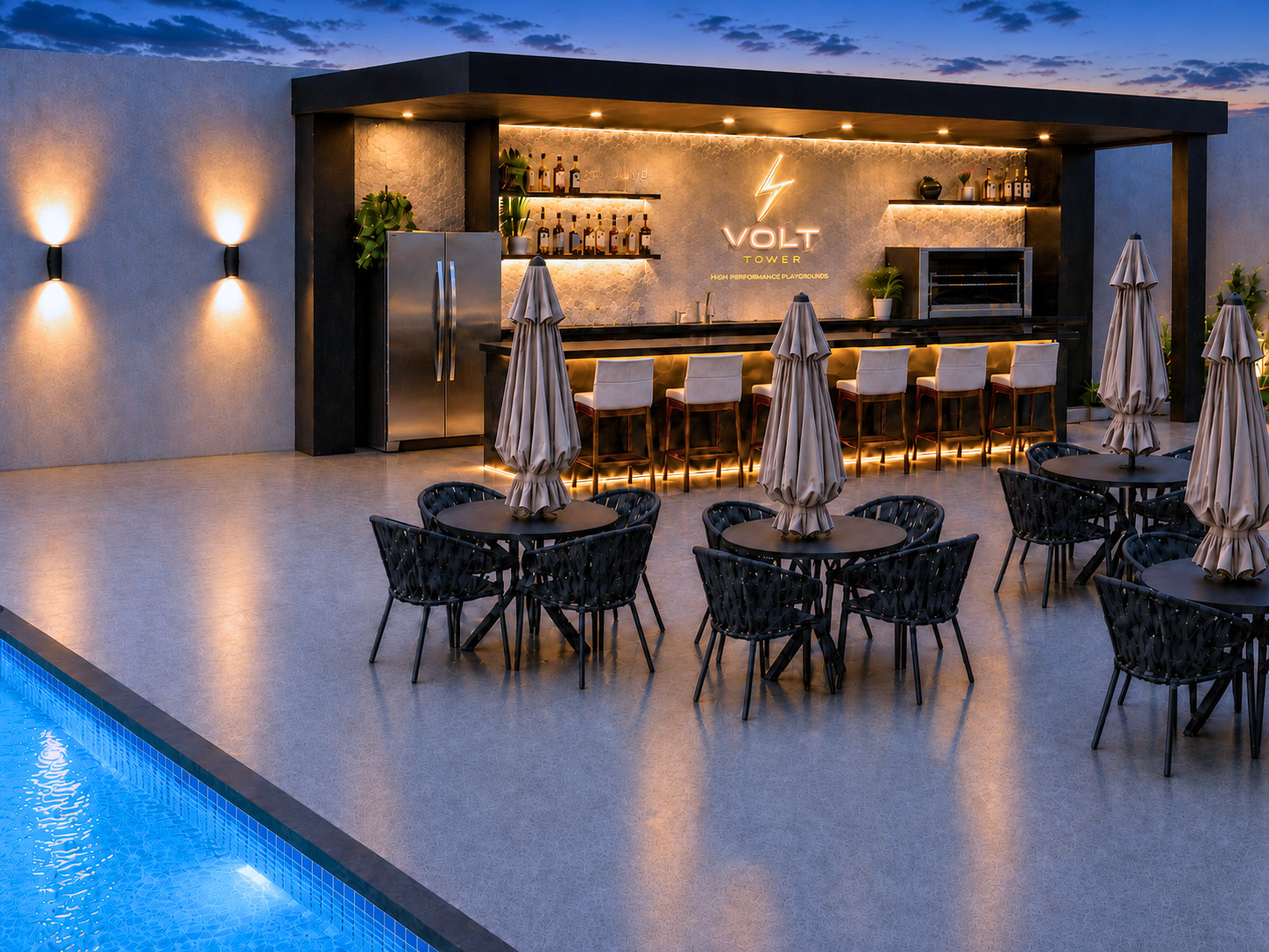 Volt Tower — pub da piscina à noite, Mauser Construtora, Balneário Perequê, Porto Belo SC