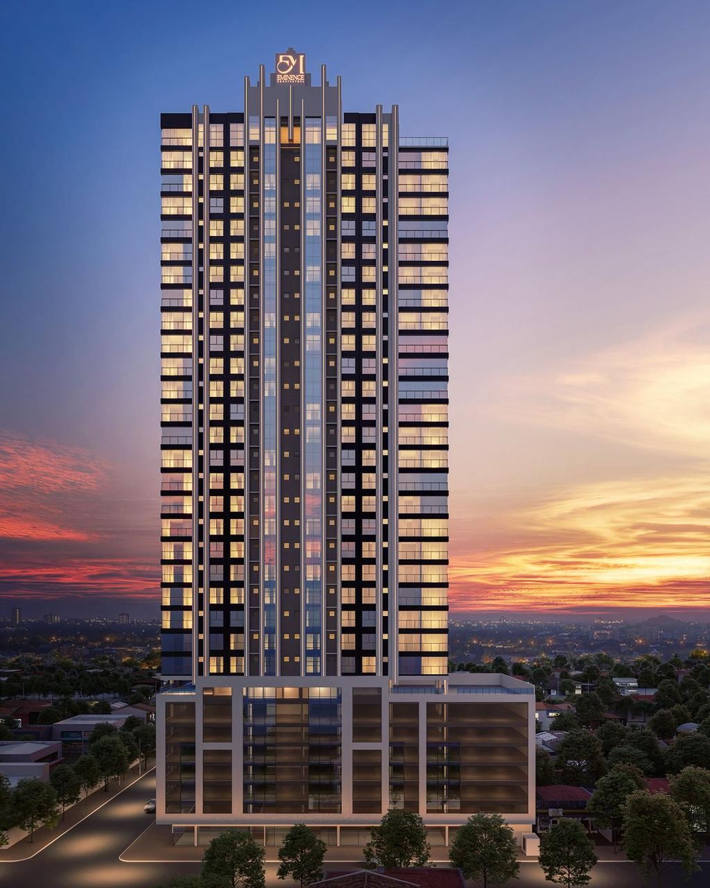 Zenith Tower — fachada da torre iluminada ao entardecer