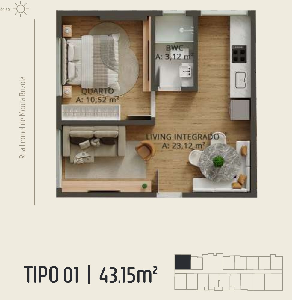 Zenith Tower — planta do apartamento tipo A 01: 43,15 m²