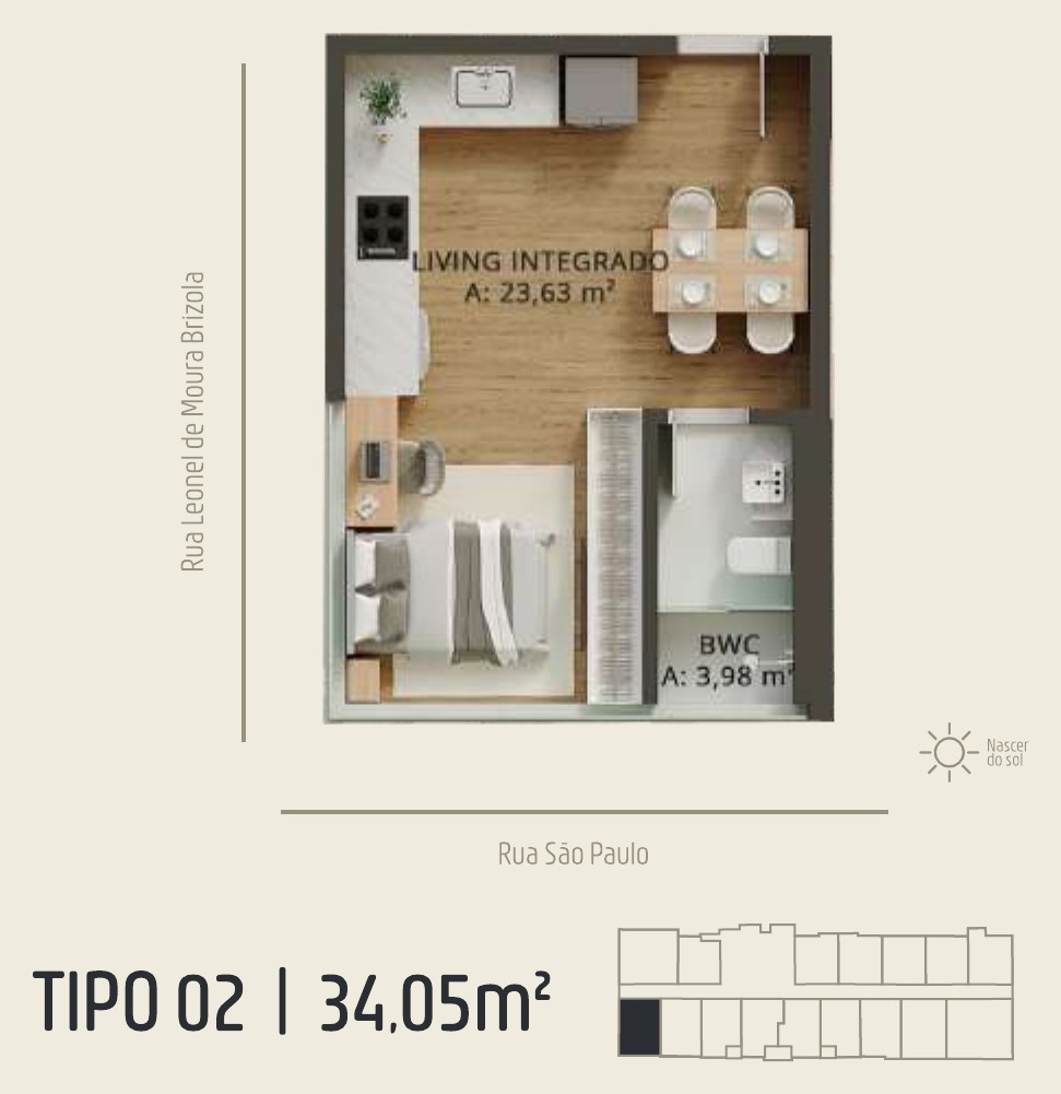 Zenith Tower — planta do apartamento tipo A 02: 34,05 m²