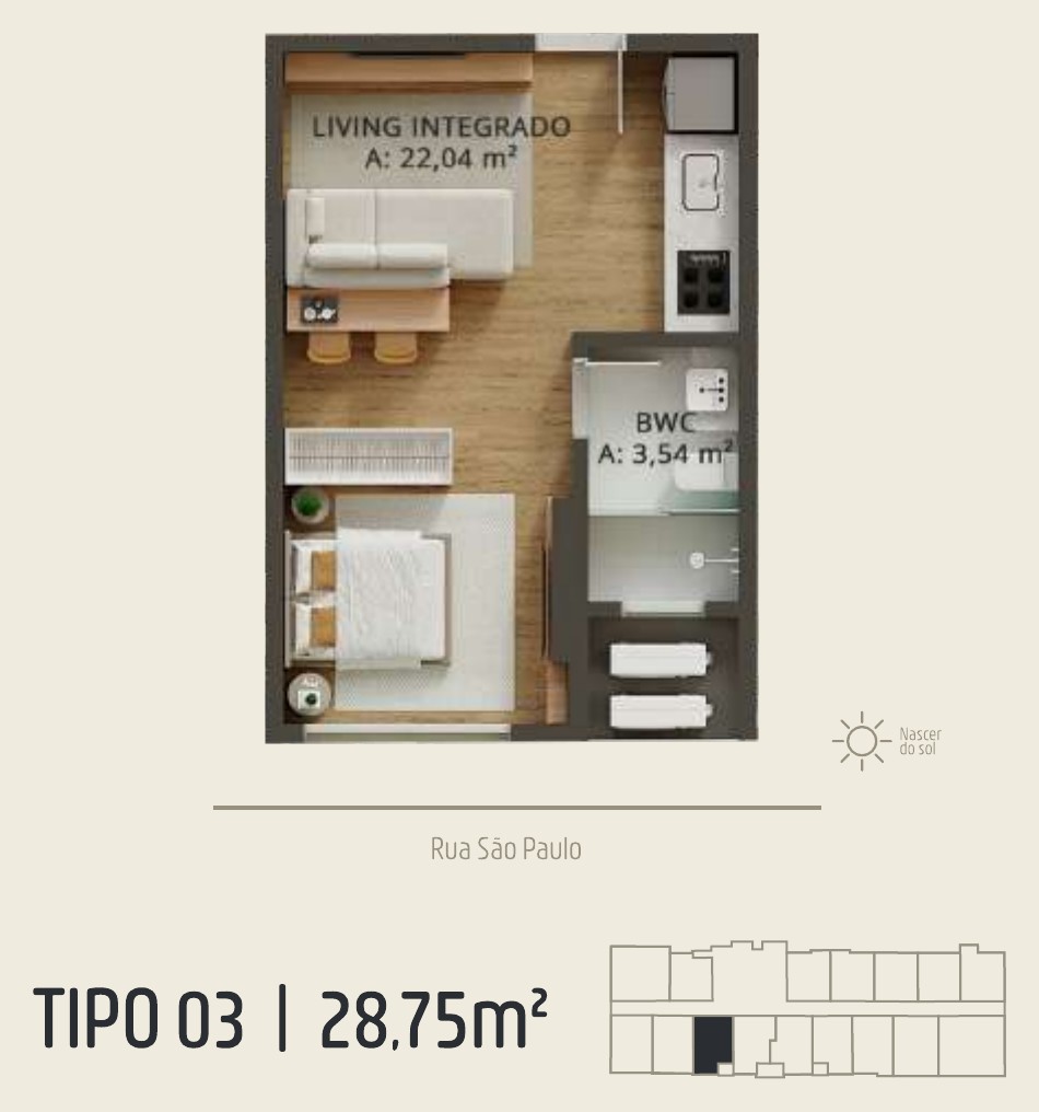 Zenith Tower — planta do apartamento tipo A 03: 28,75 m²