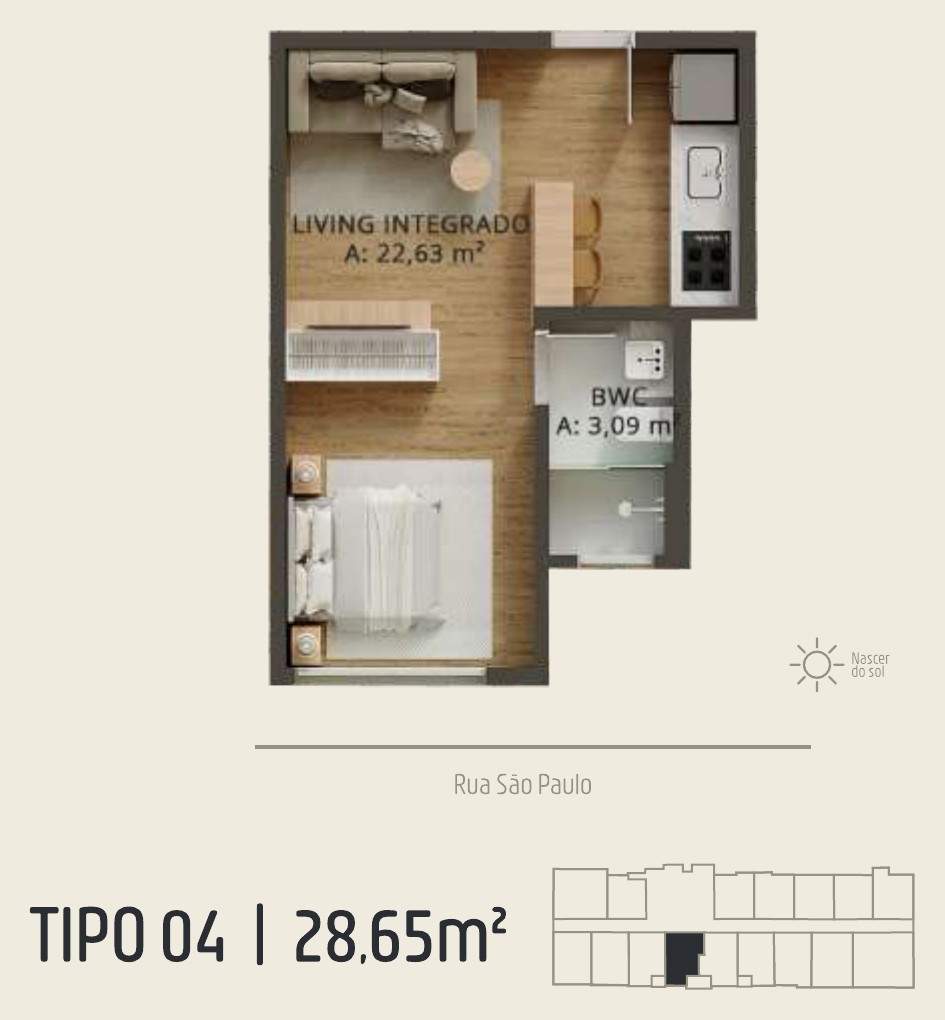 Zenith Tower — planta do apartamento tipo A 04: 28,65 m²