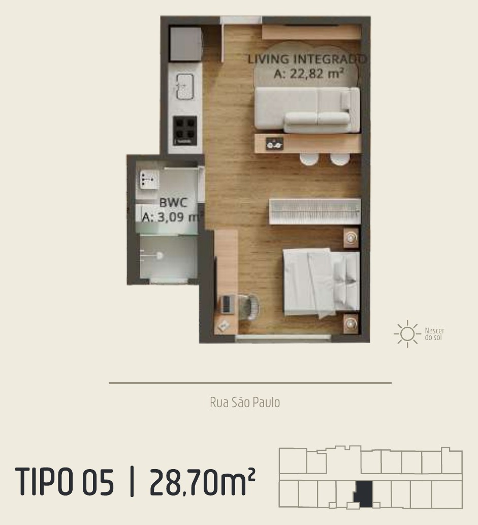 Zenith Tower — planta do apartamento tipo A 05: 28,70 m²