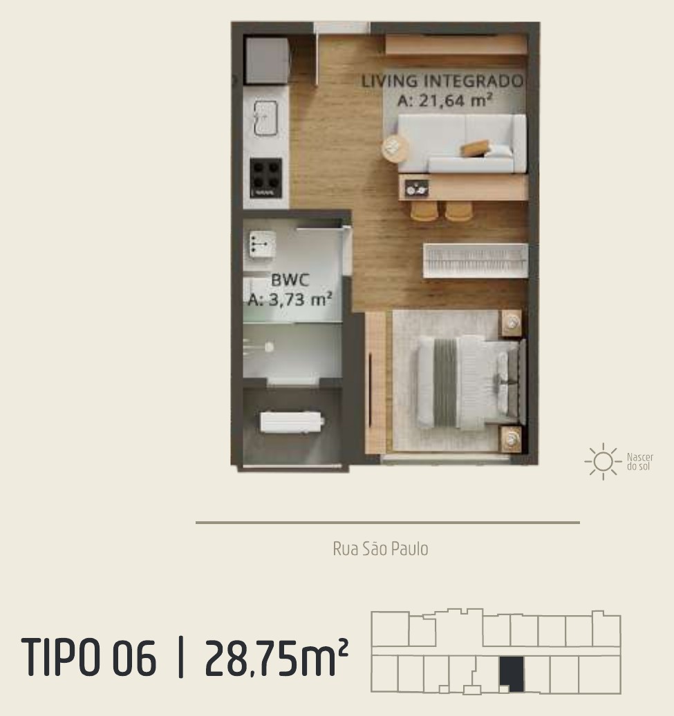 Zenith Tower — planta do apartamento tipo A 06: 28,75 m²