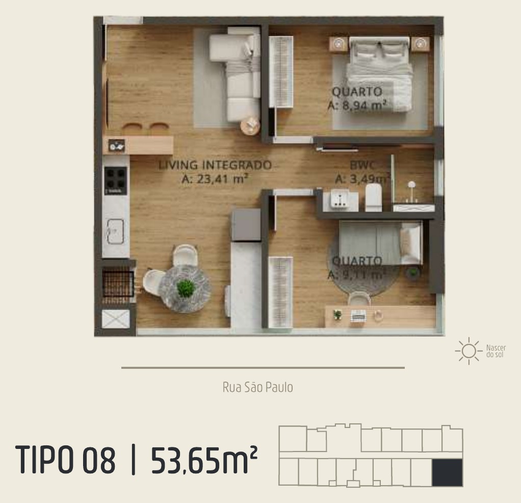 Zenith Tower — planta do apartamento tipo A 08: 53,65 m²