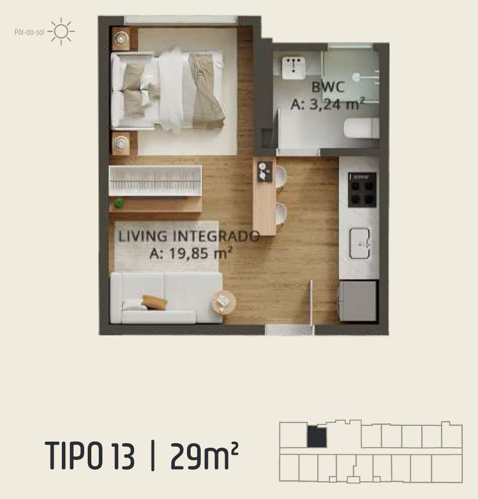 Zenith Tower — planta do apartamento tipo A 13: 29 m²