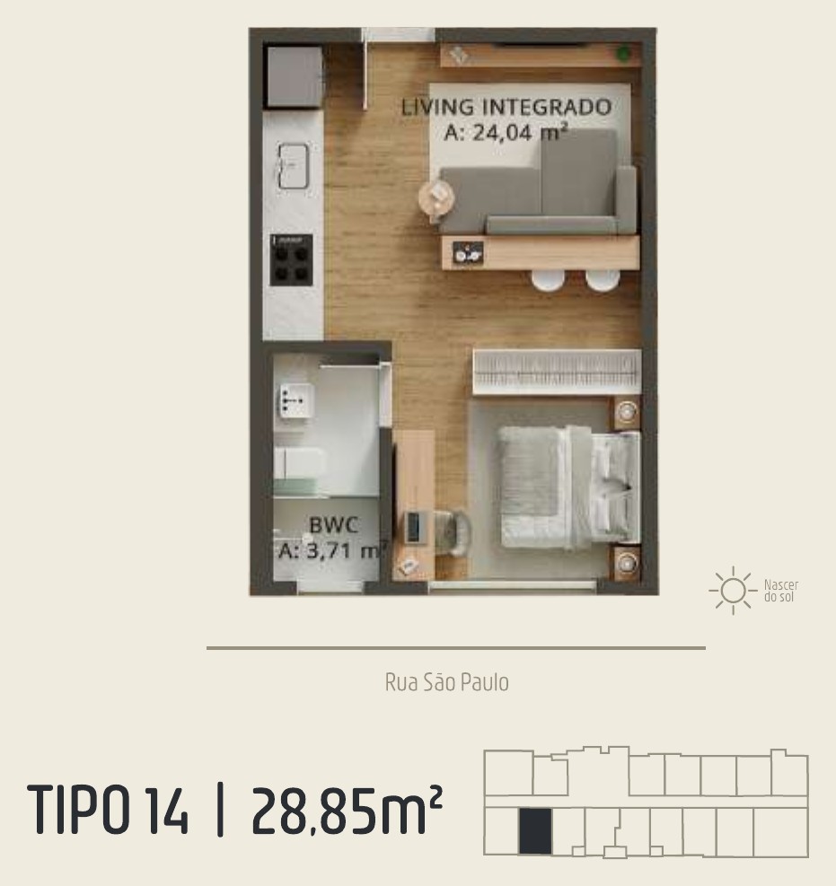 Zenith Tower — planta do apartamento tipo A 14: 28,85 m²