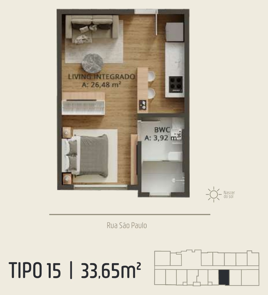 Zenith Tower — planta do apartamento tipo A 15: 33,65 m²