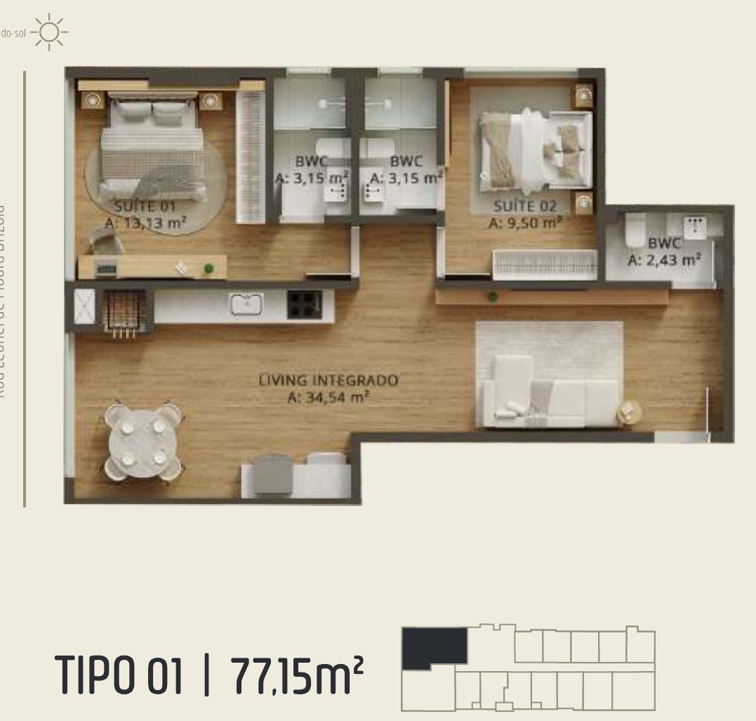 Zenith Tower — planta do apartamento tipo B 01: 77,15 m², 2 suítes